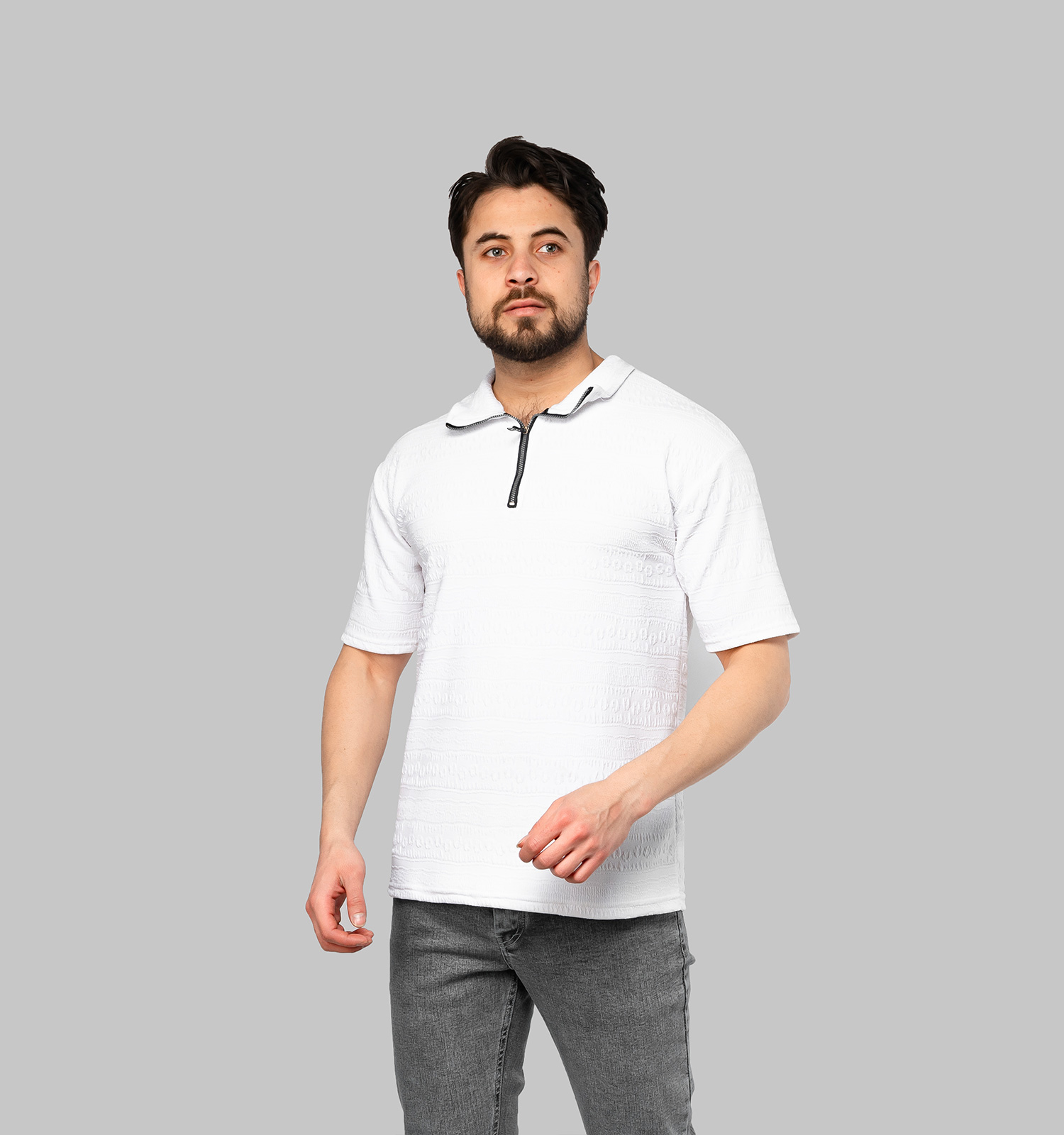 تیشرت مراکشی نیم زیپ یقه دار مردانه سفید ساده مدل 46946