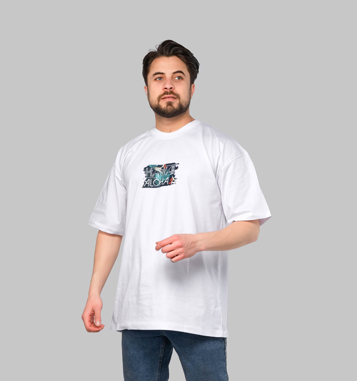 تیشرت لش یقه گرد مردانه سفید طرحدار مدل 47044