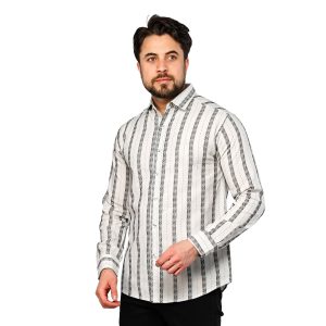 پیراهن لنین یقه پیراهنی مردانه آستین بلند راه راه سفید مشکی polo مدل 46925