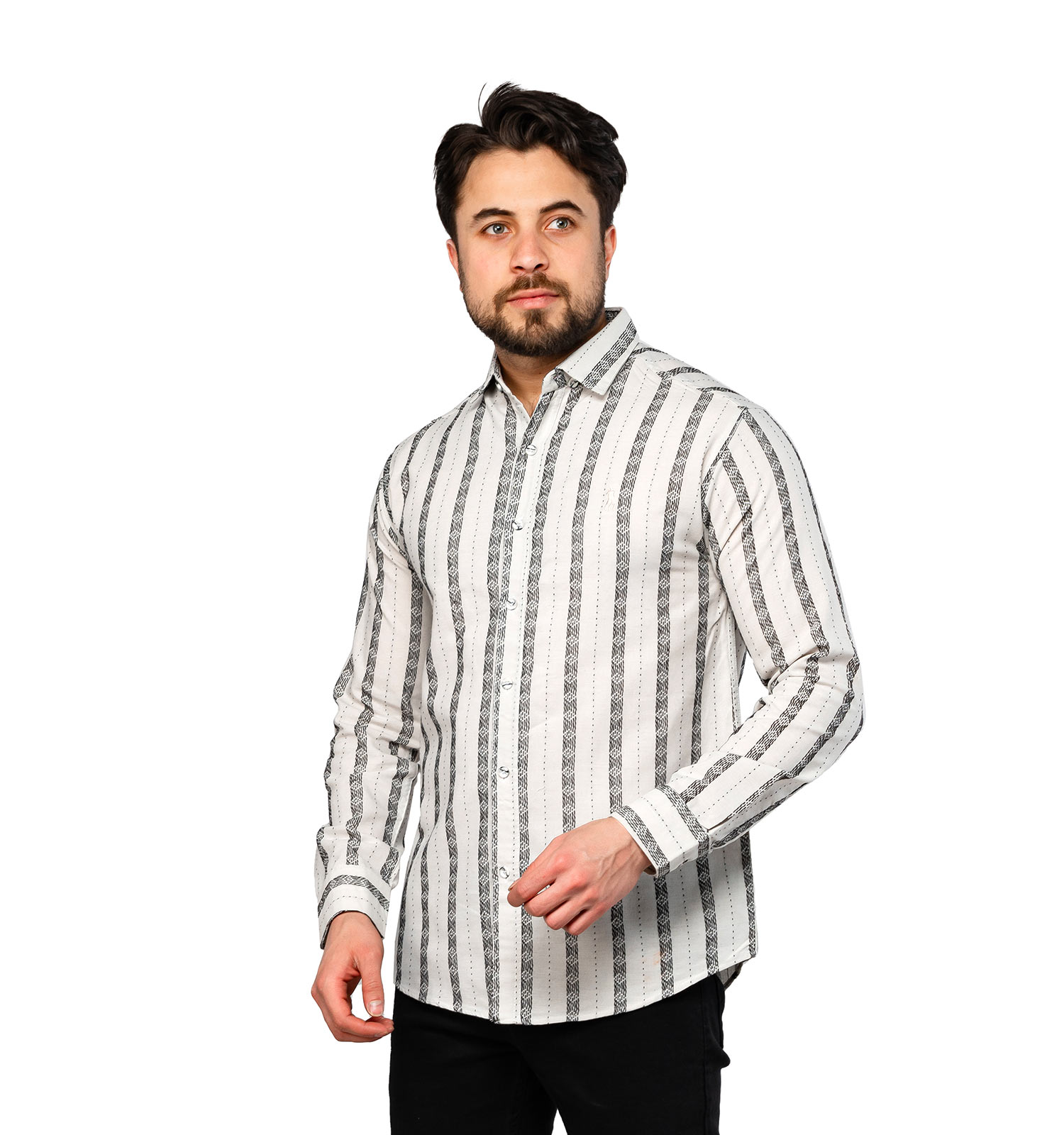 پیراهن لنین یقه پیراهنی مردانه آستین بلند راه راه سفید مشکی polo مدل 46925