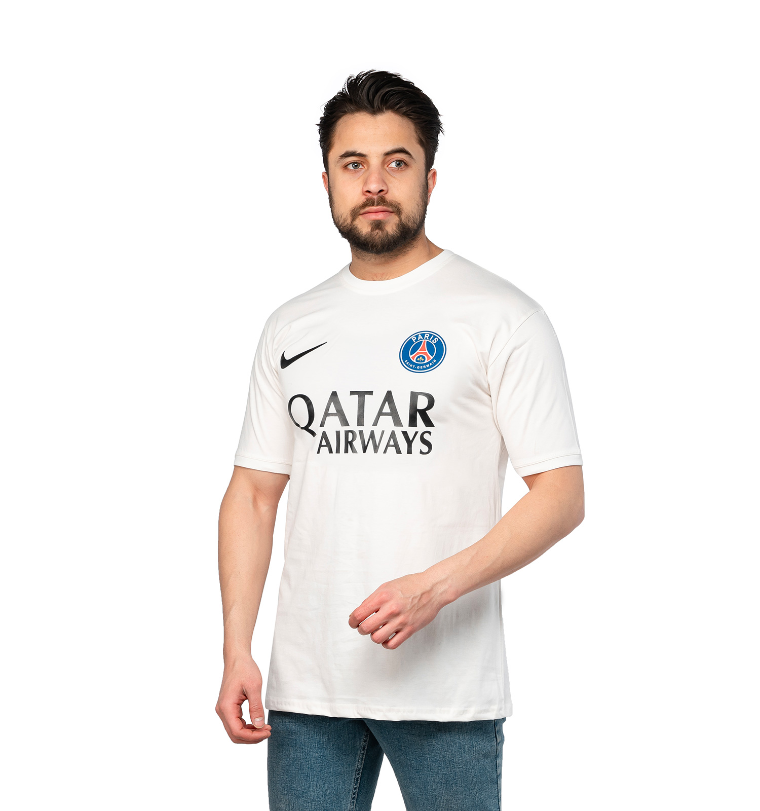 کیت ورزشی پاری سن ژرمن یقه گرد مردانه سفید مدل 46867