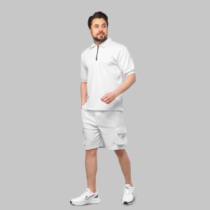 ست تیشرت شلوارک کارگو مردانه سفید ساده یقه دار مدل 47005