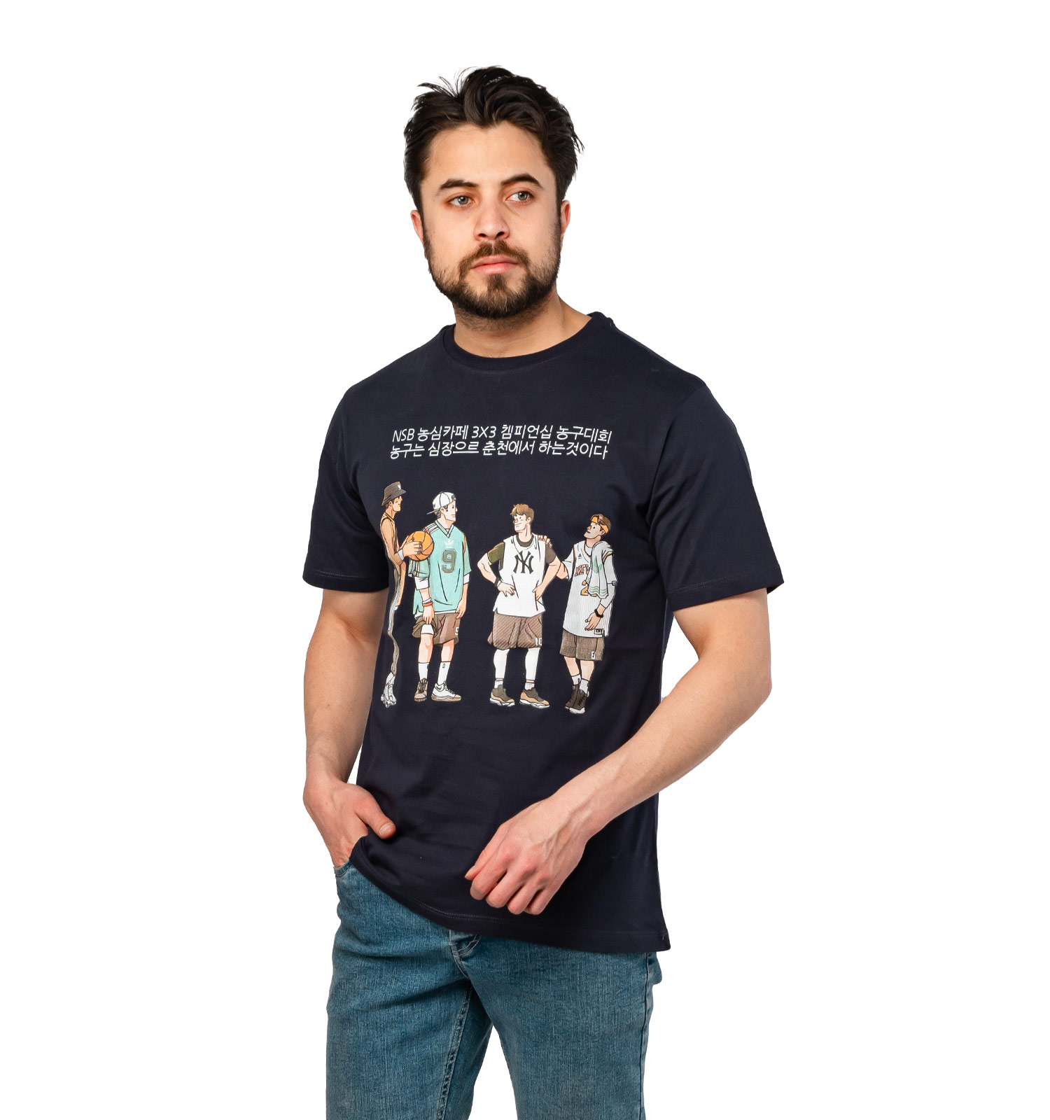 تیشرت Bo basketball یقه گرد مردانه سرمه ای طرحدار مدل 47099