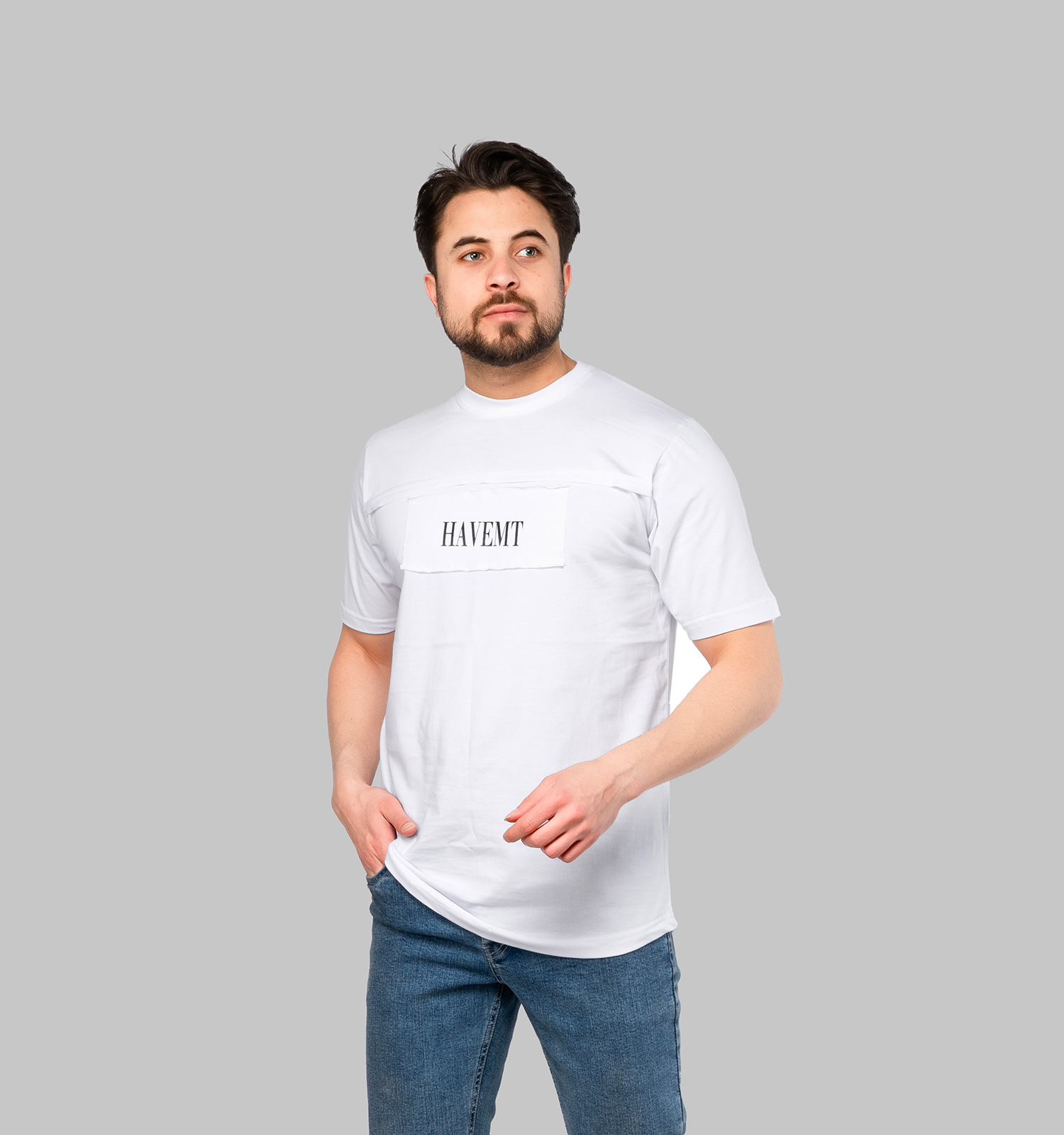 تیشرت Havemt یقه گرد مردانه تیکه دوزی سفید مدل 46972