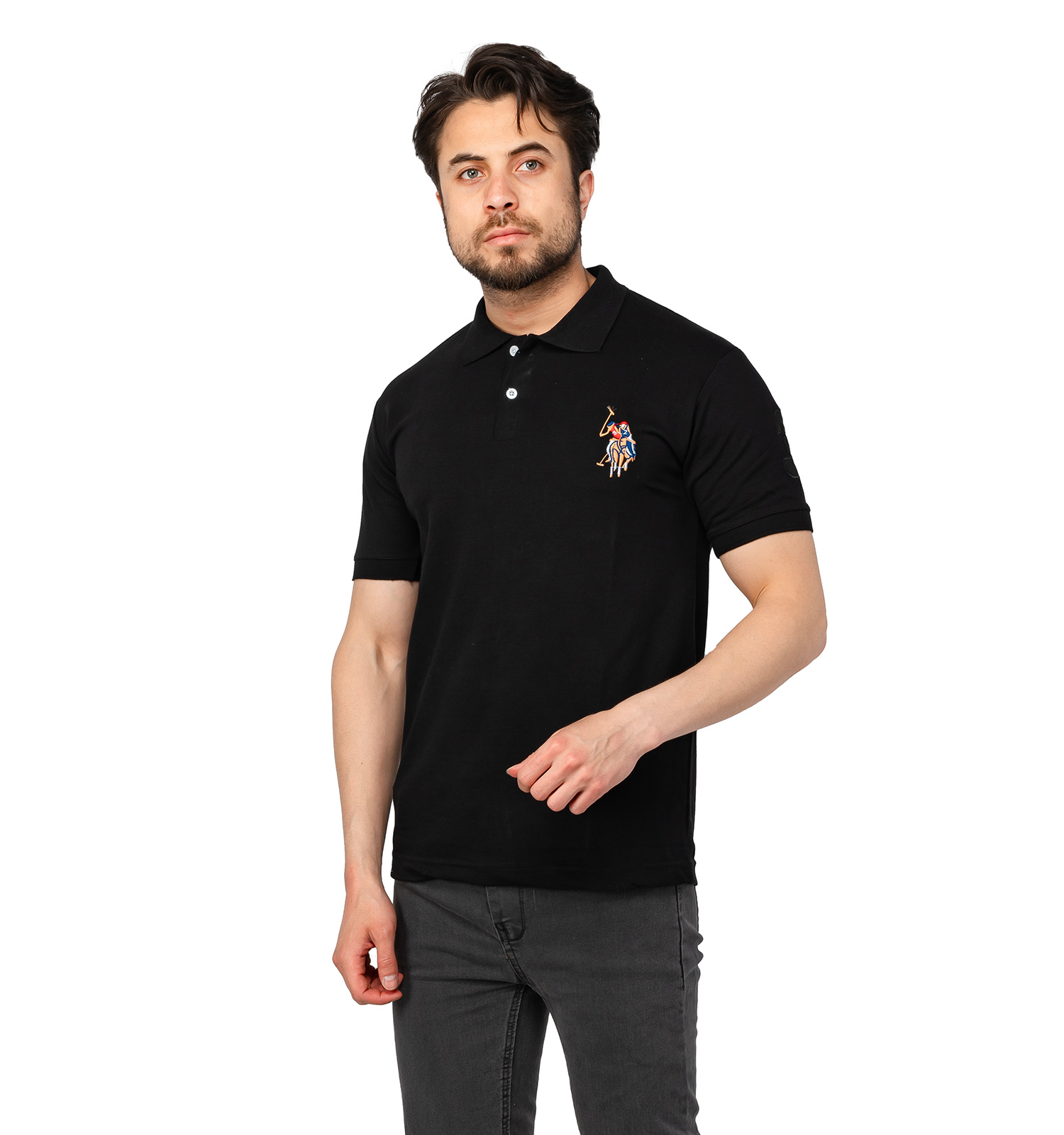 تیشرت Polo یقه دارمردانه مشکی گلدوزی شده مدل 47362