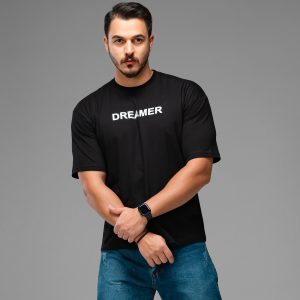 تیشرت باکسی نخ پنبه یقه گرد مردانه مشکی طرحدار مدل 47736