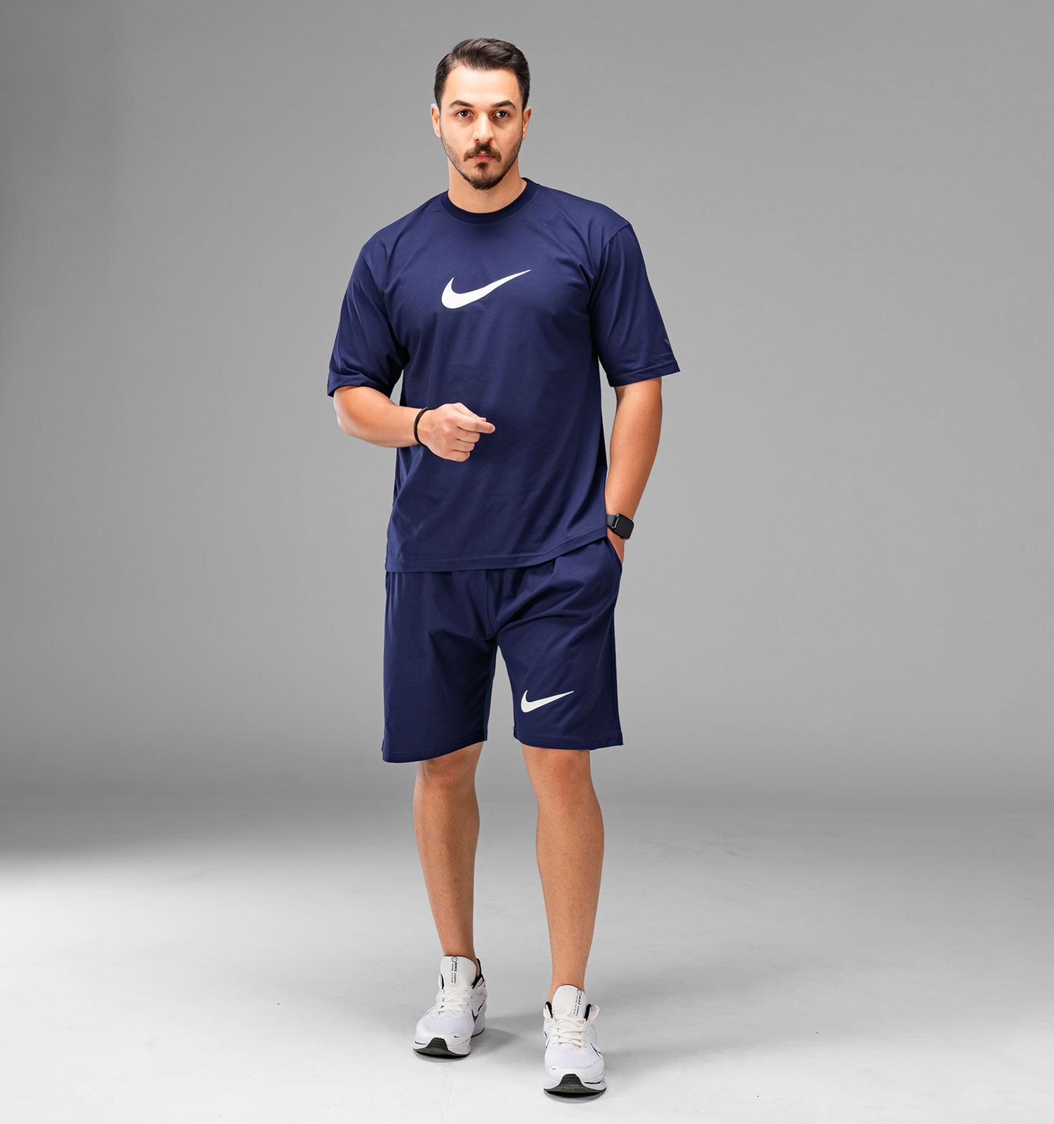 ست تیشرت شلوارک مردانه طرحدار Nike یقه گرد سرمه ای مدل 47712