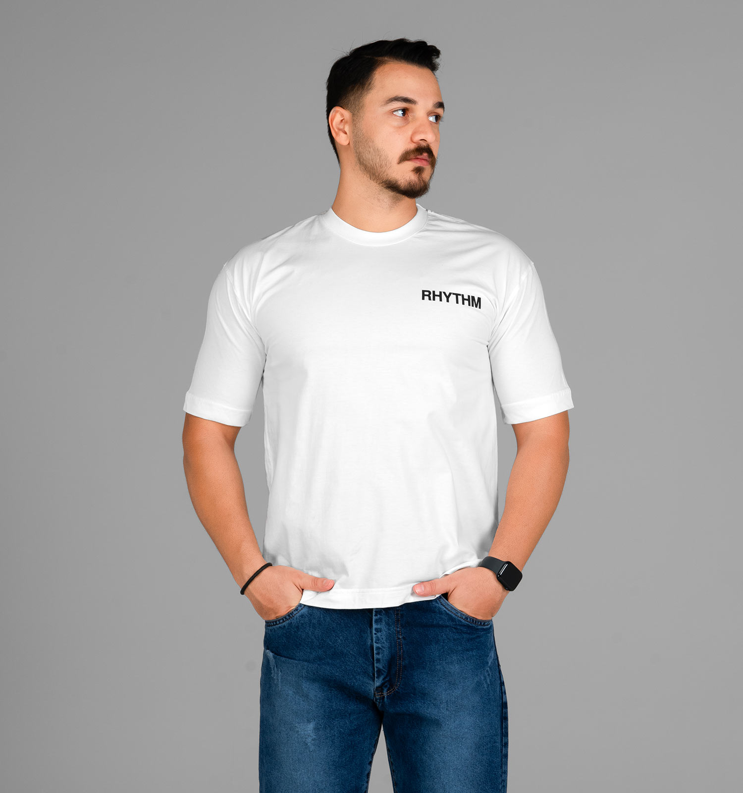 تیشرت باکسی مچینست ماکان یقه گرد مردانه سفید طرحدار مدل 47590