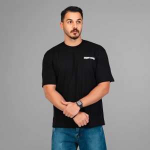 تیشرت باکسی مچینست ماکان یقه گرد مردانه مشکی طرحدار مدل 47570