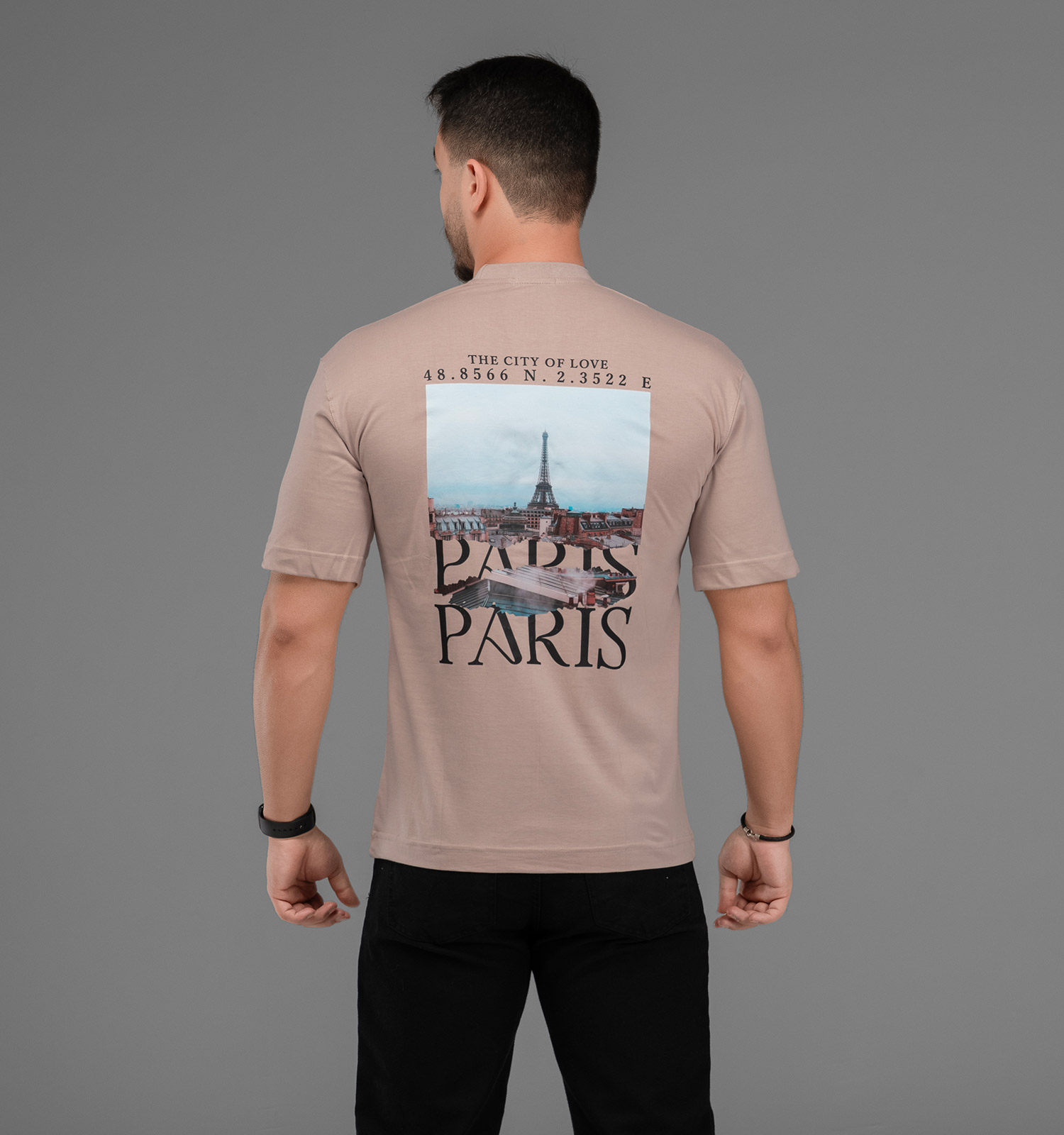 تیشرت Paris باکسی مچینست ماکان یقه گرد مردانه کرمی طرحدار مدل 47522