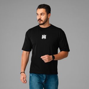 تیشرت باکسی نخ پنبه یقه گرد مردانه مشکی طرحدار مدل 47760