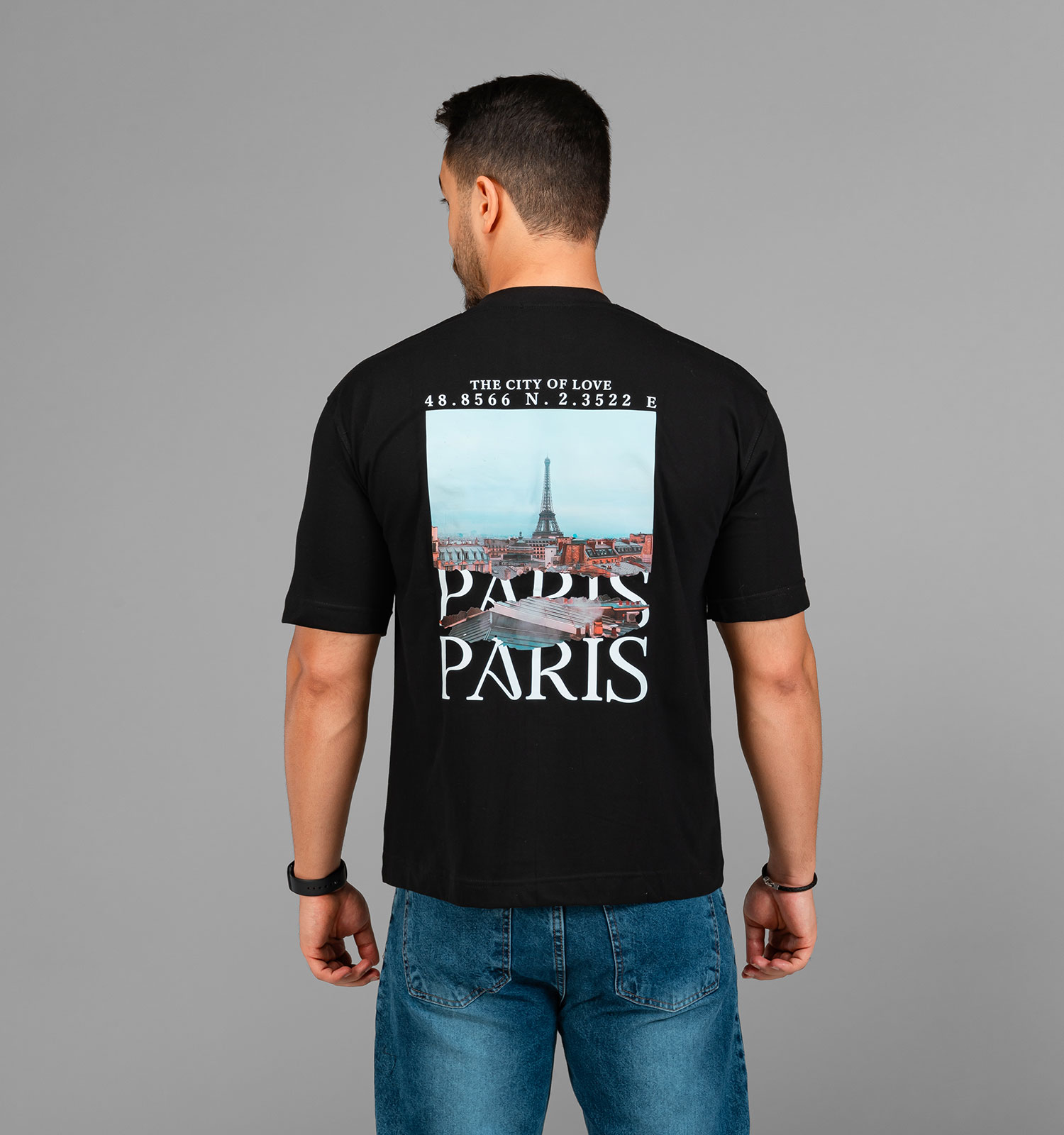 تیشرت Paris باکسی مچینست ماکان یقه گرد مردانه مشکی طرحدار مدل 47521