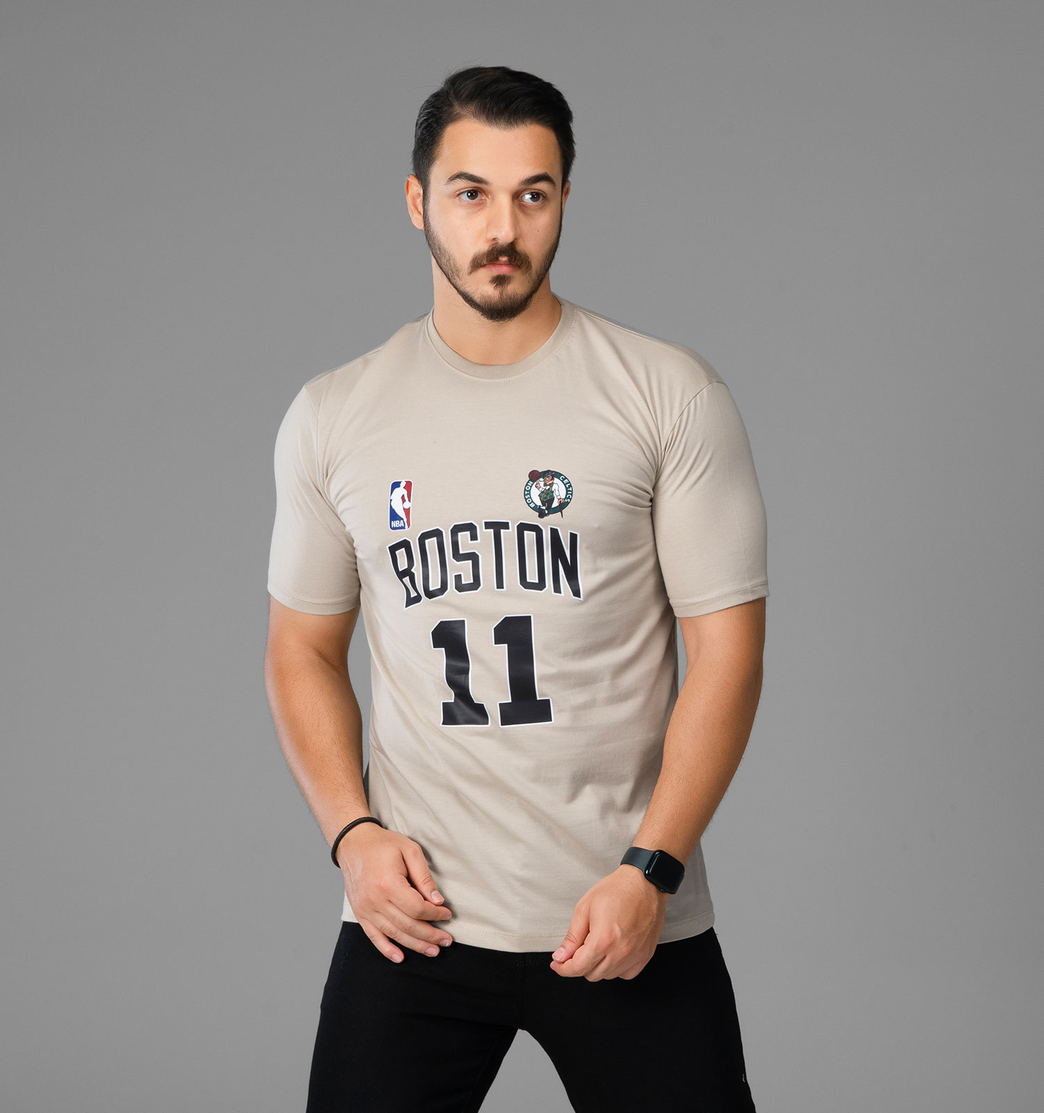 تیشرت نخ پنبه یقه گرد Boston مردانه کرمی طرحدار مدل 47803