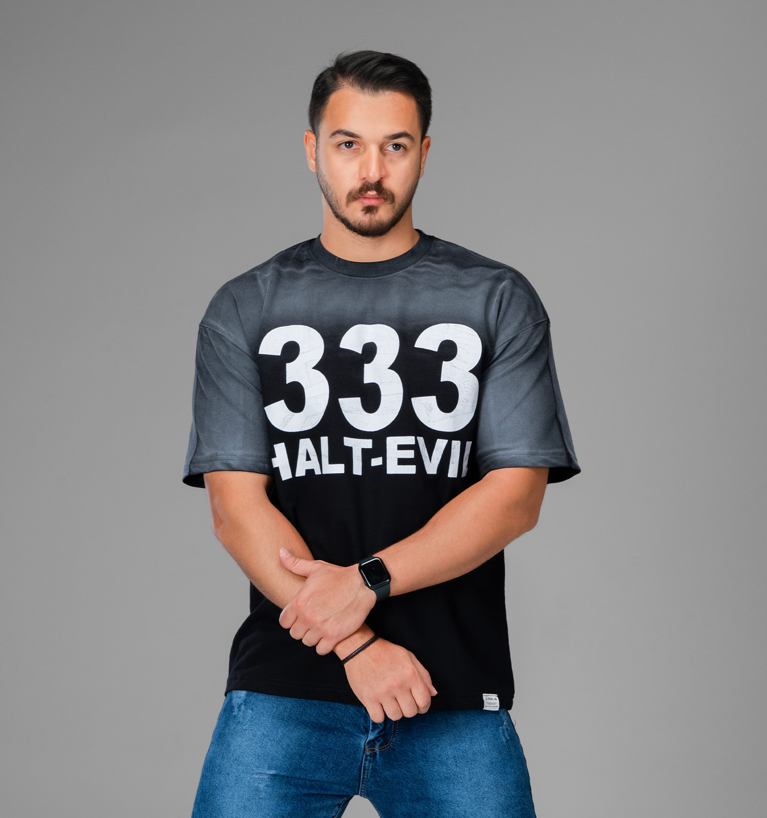 تیشرت یقه گرد مردانه لش مشکی دو نخ پنبه طرحدار مدل 47964