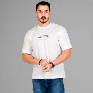 تیشرت باکسی مچینست ماکان یقه گرد مردانه سفید طرحدار مدل 47538