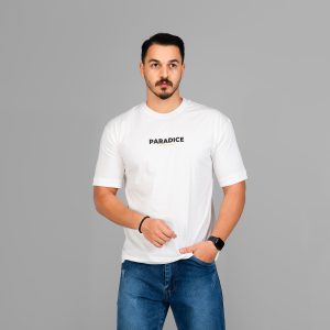 تیشرت باکسی مچینست ماکان یقه گرد مردانه سفید طرحدار مدل 47554