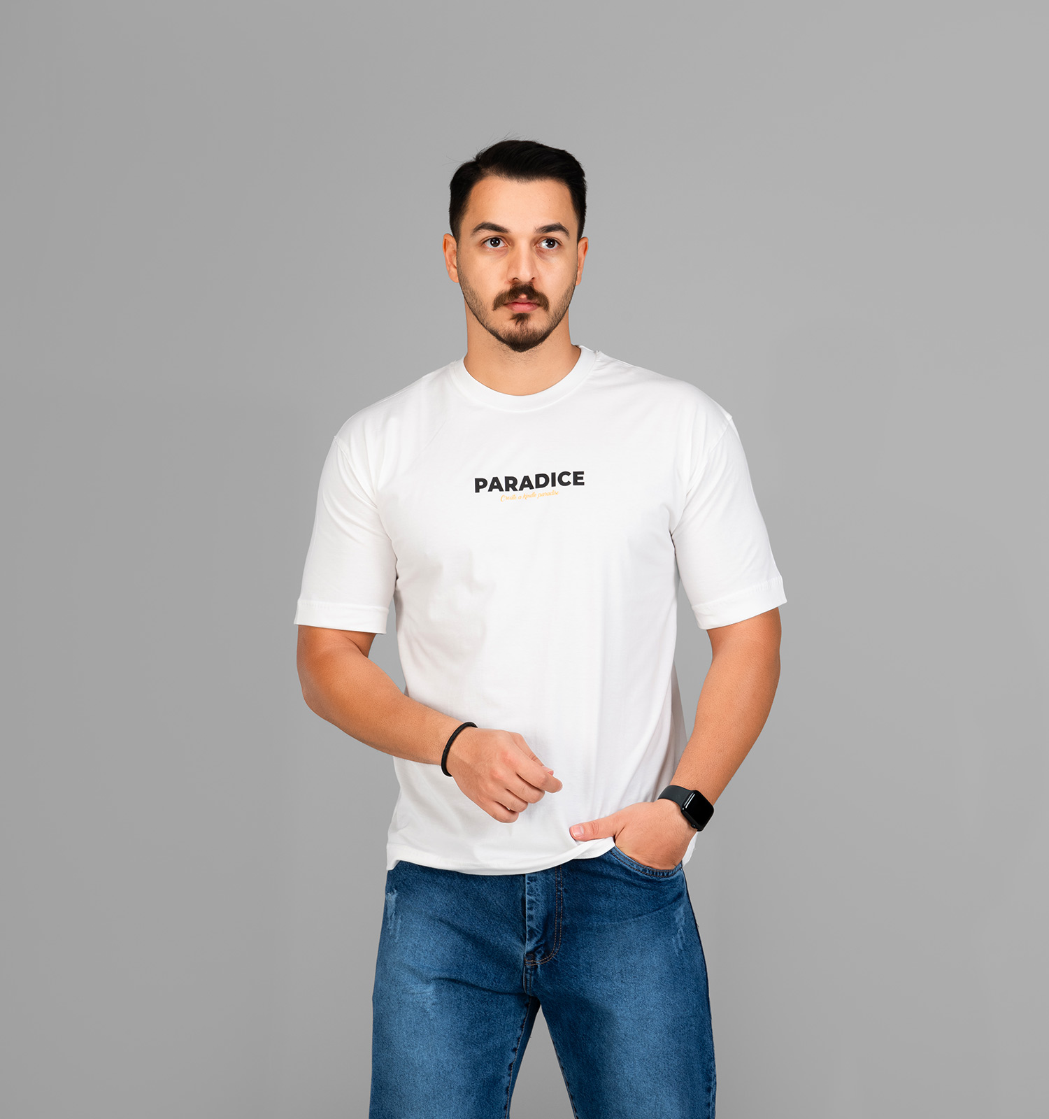 تیشرت باکسی مچینست ماکان یقه گرد مردانه سفید طرحدار مدل 47554