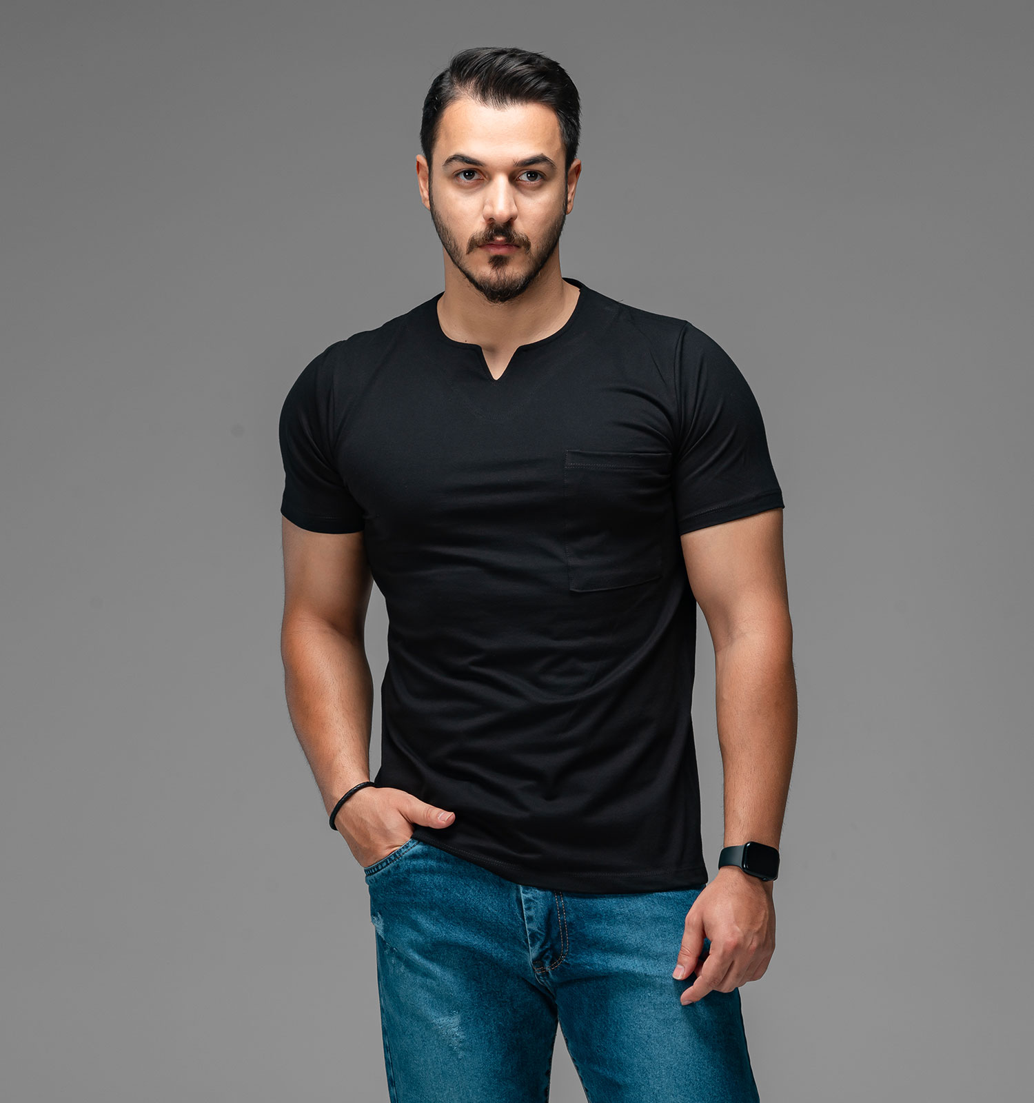 تیشرت یقه کوبایی مردانه مشکی نخ پنبه ساده مدل 47680