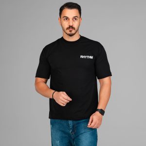 تیشرت باکسی مچینست ماکان یقه گرد مردانه مشکی طرحدار مدل 47588