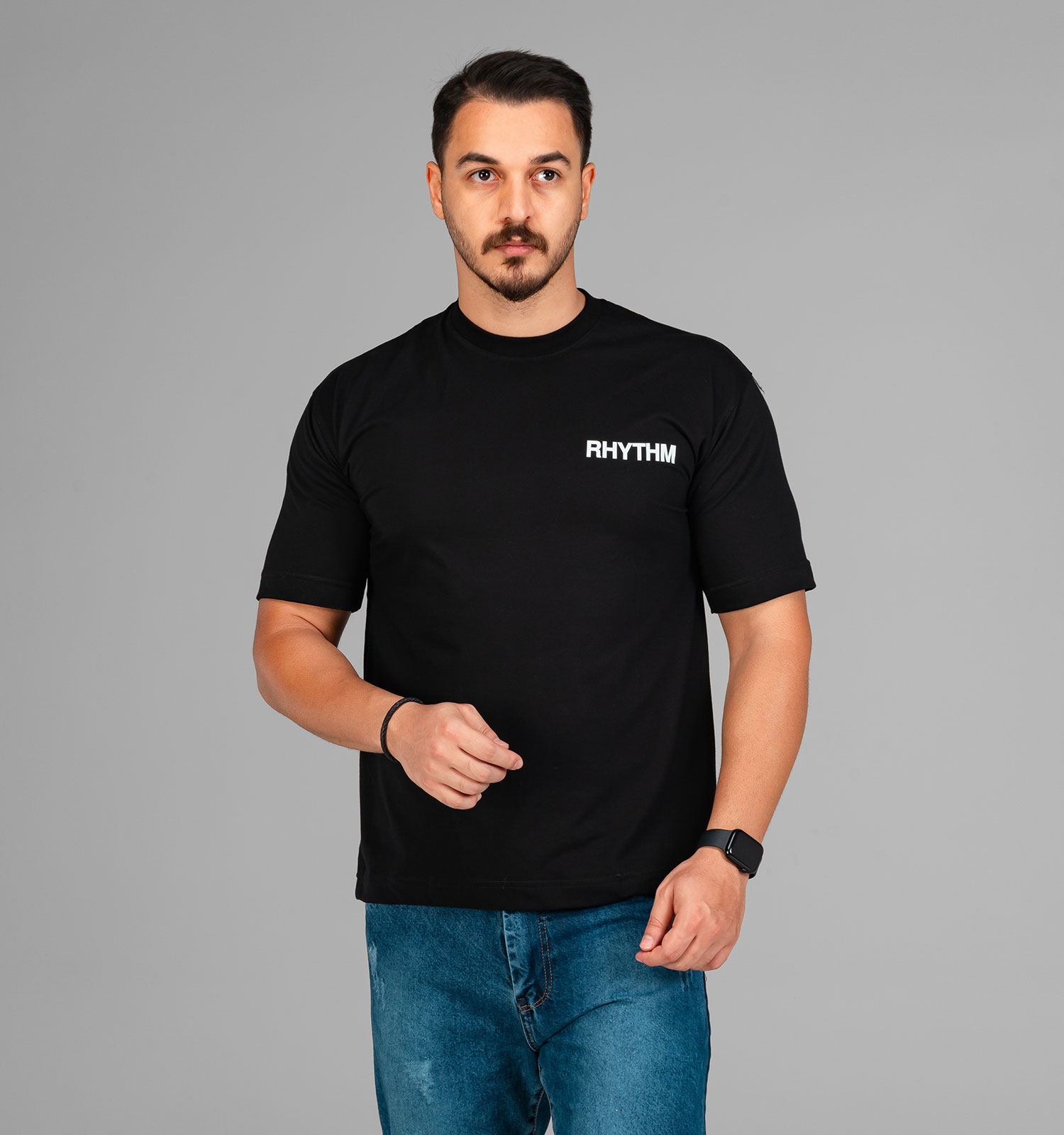 تیشرت باکسی مچینست ماکان یقه گرد مردانه مشکی طرحدار مدل 47588