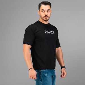 تیشرت Paris باکسی مچینست ماکان یقه گرد مردانه مشکی طرحدار مدل 47521