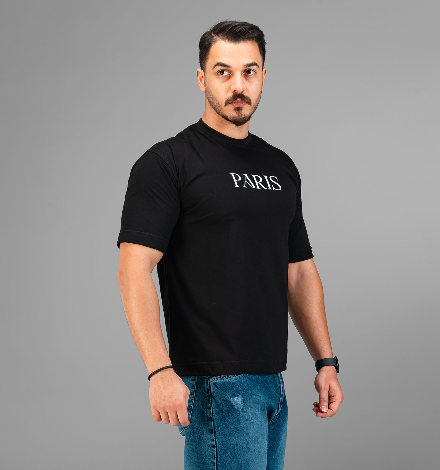 تیشرت Paris باکسی مچینست ماکان یقه گرد مردانه مشکی طرحدار مدل 47521