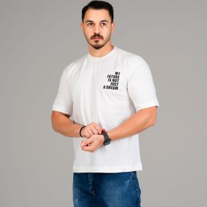 تیشرت باکسی مچینست ماکان یقه گرد مردانه طرحدار سفید مدل 47548