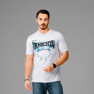 تیشرت یقه گرد مردانه سفید نخ پنبه طرحدار مدل 47772