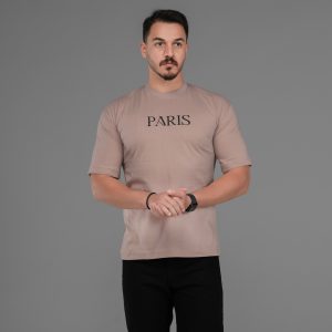 تیشرت Paris باکسی مچینست ماکان یقه گرد مردانه کرمی طرحدار مدل 47522