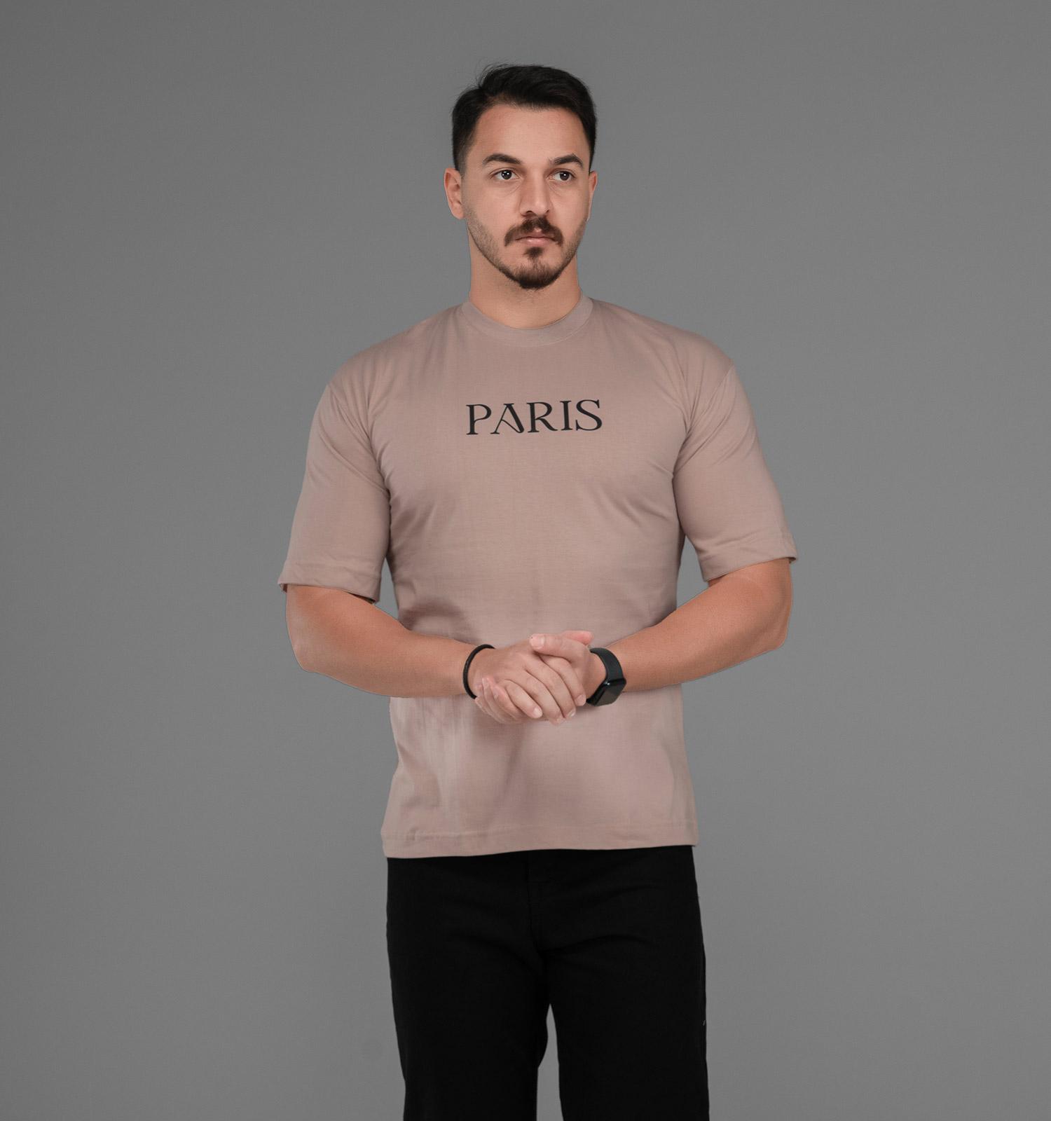 تیشرت Paris باکسی مچینست ماکان یقه گرد مردانه کرمی طرحدار مدل 47522