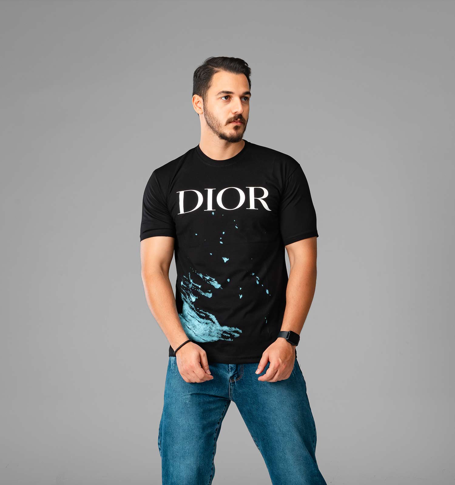 تیشرت نخ پنبه یقه گرد Dior مردانه مشکی طرحدار مدل 47797
