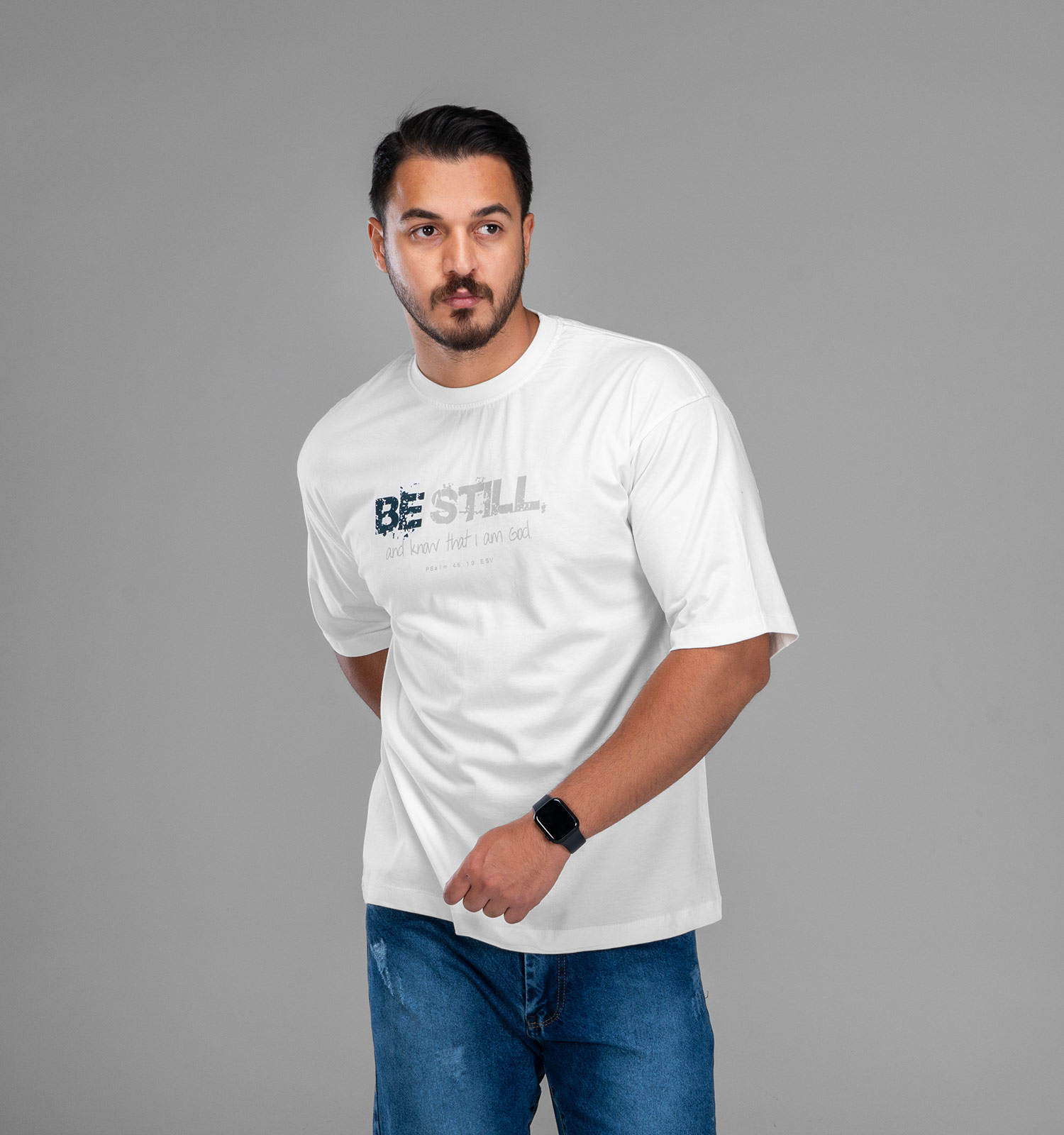 تیشرت یقه گرد مردانه سفید نخ پنبه طرحدار مدل 48005