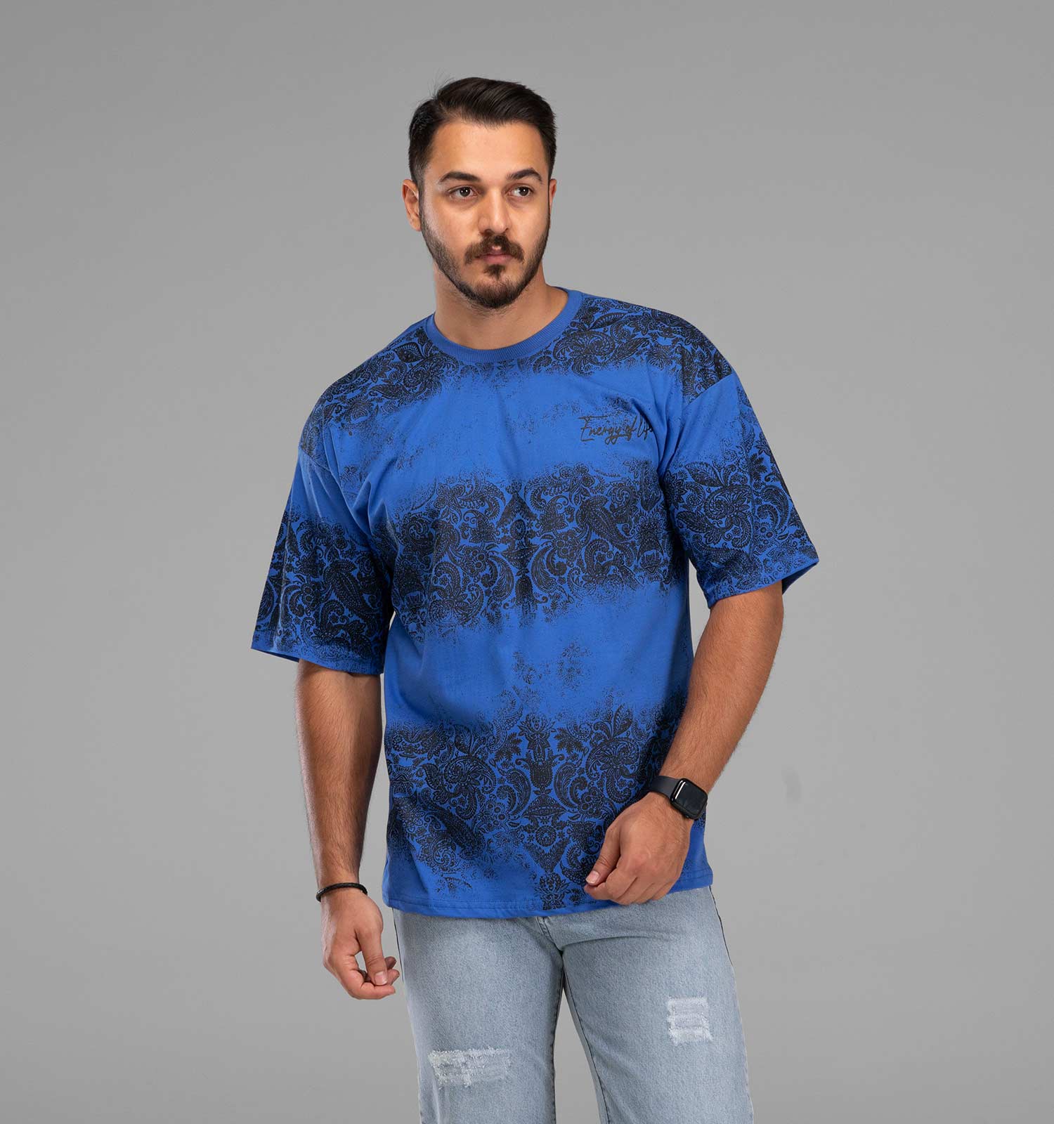 تیشرت یقه گرد مردانه باکسی نخ پنبه طرحدار مدل 48109