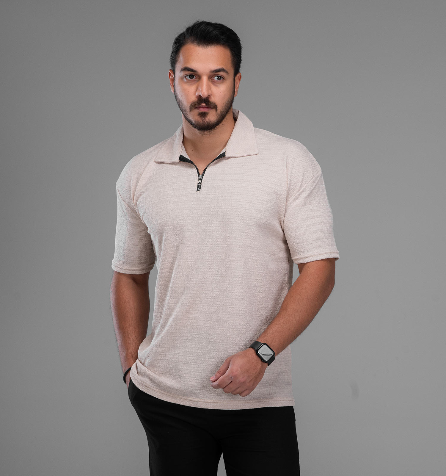 تیشرت یقه دار نیم زیپ مردانه نخ پنبه مراکشی مدل 48029