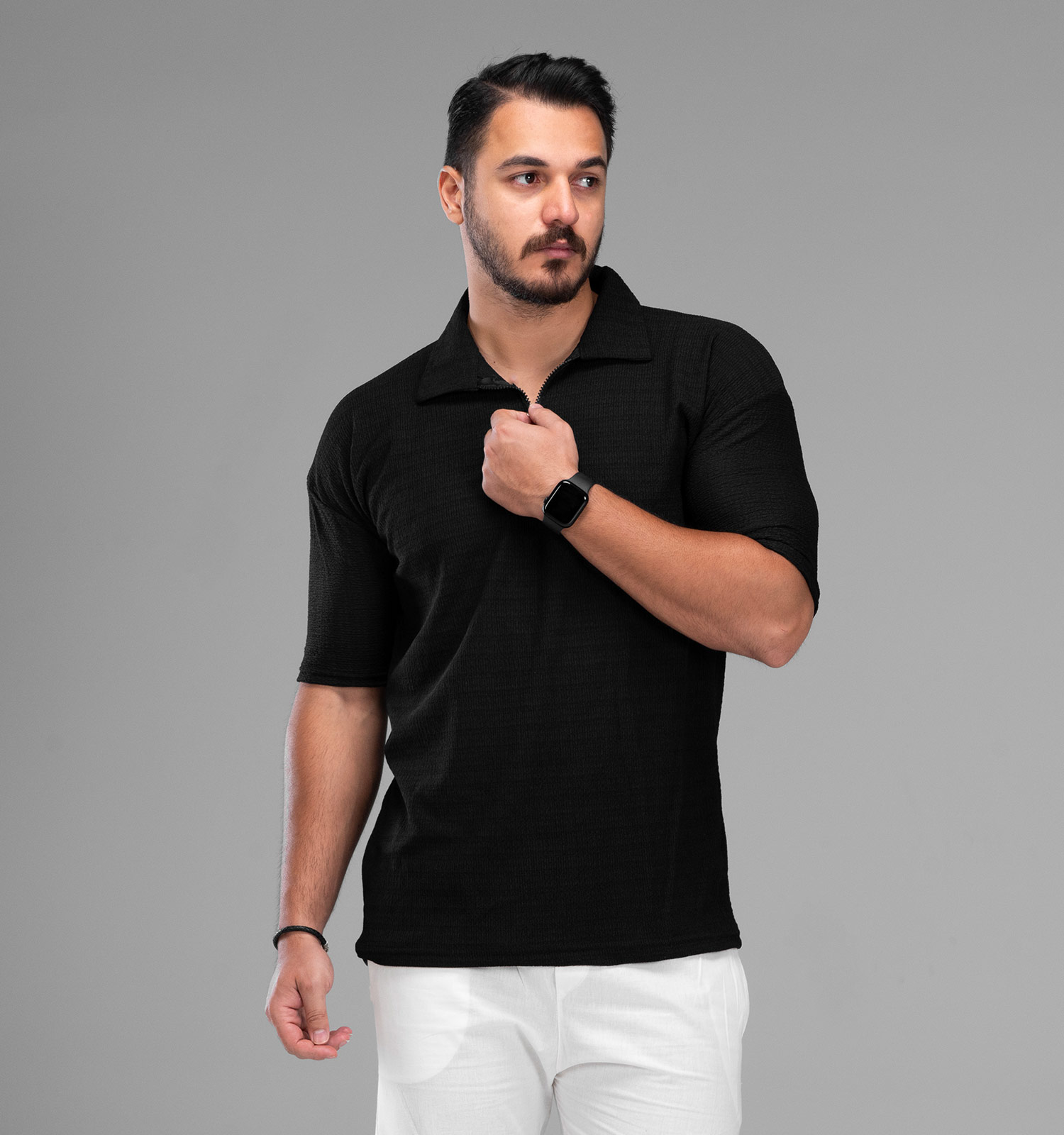 تیشرت یقه دار نیم زیپ مردانه مشکی نخ پنبه مراکشی مدل 48030