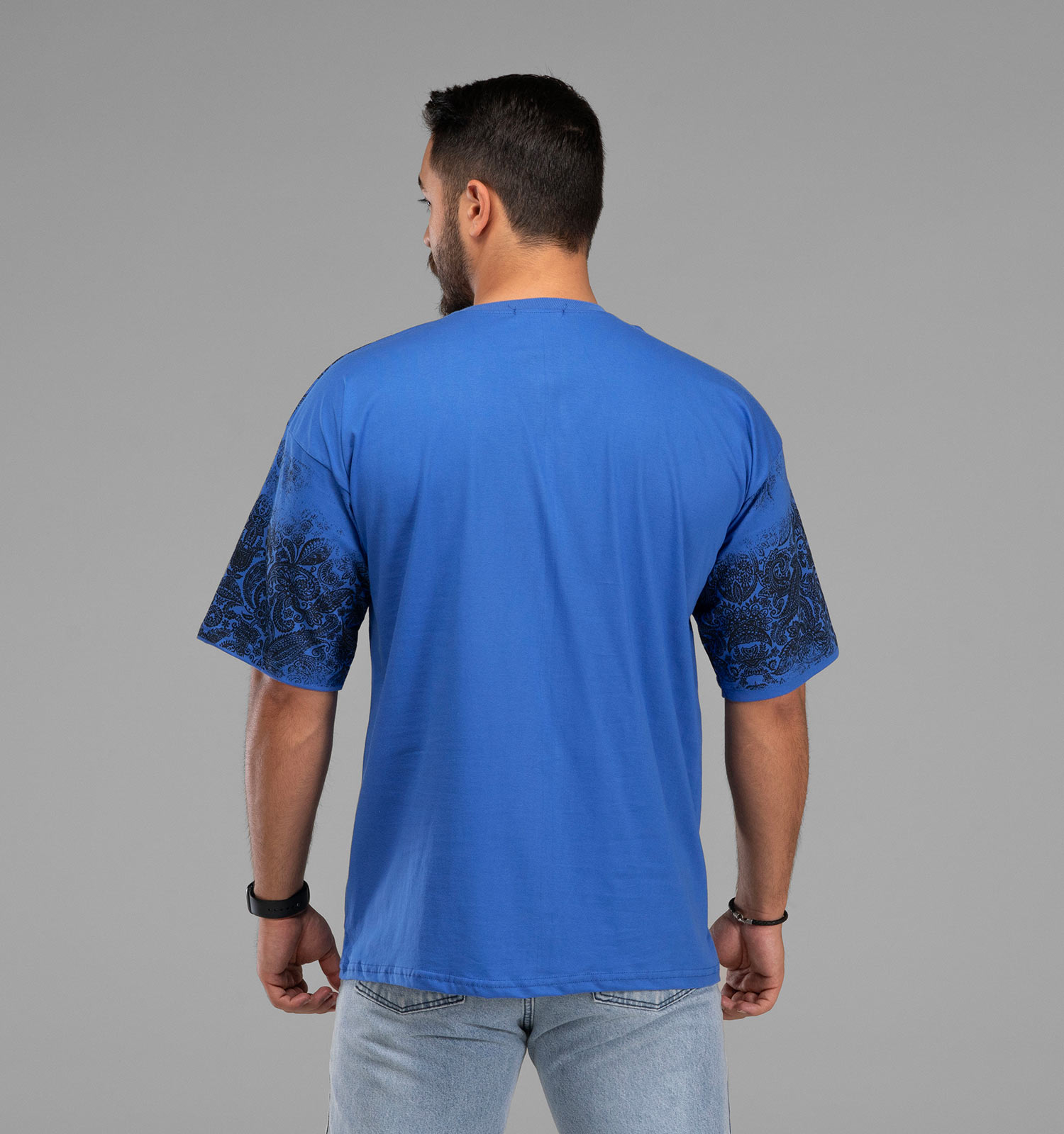 تیشرت یقه گرد مردانه باکسی نخ پنبه طرحدار مدل 48109