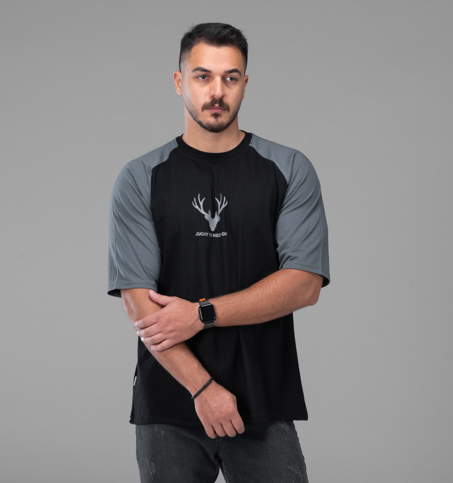تیشرت یقه گرد مردانه باکسی نخ پنبه طرحدار مدل 48147