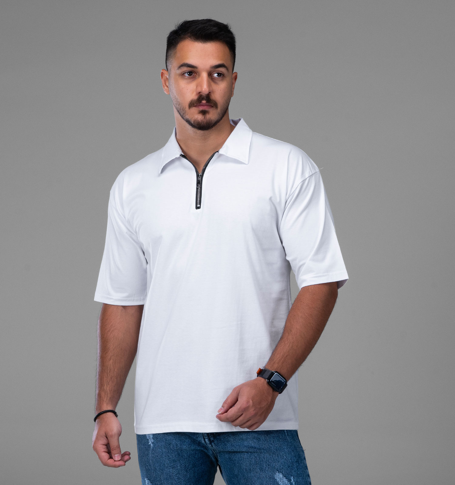 تیشرت یقه دار نیم زیپ مردانه سفید نخ پنبه ساده مدل 48165
