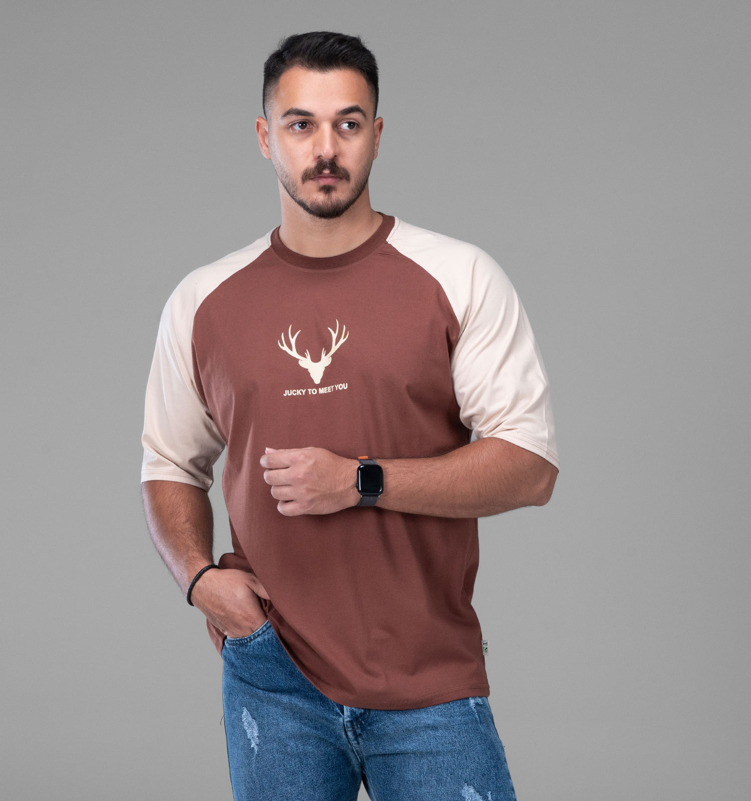 تیشرت یقه گرد مردانه باکسی نخ پنبه طرحدار مدل 48145