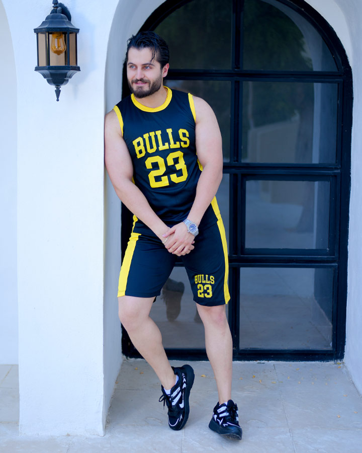 تاپ شلوارک مردانه مدل Bulls مشکی زرد کد 6341