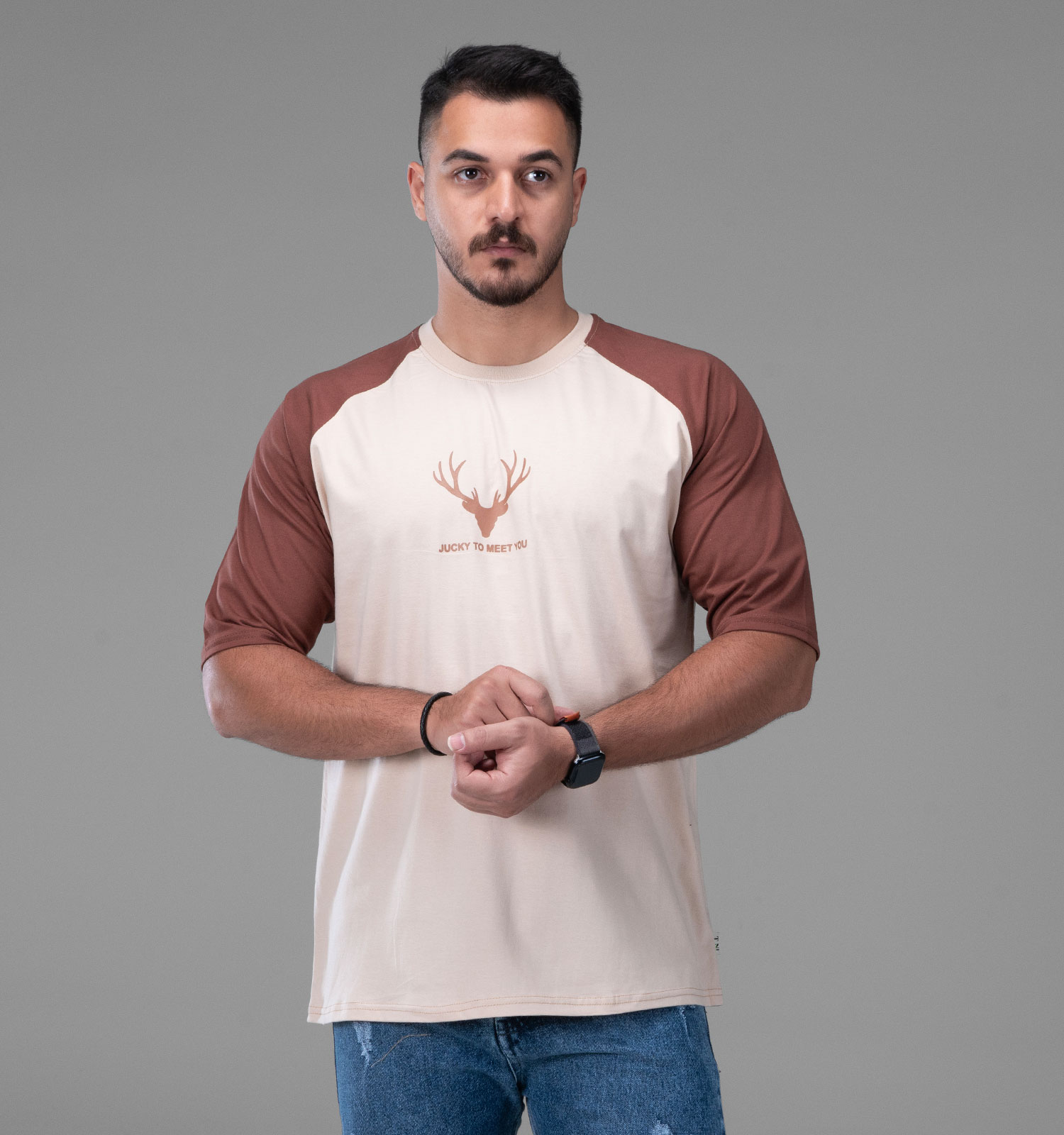 تیشرت یقه گرد مردانه باکسی نخ پنبه طرحدار مدل 48146