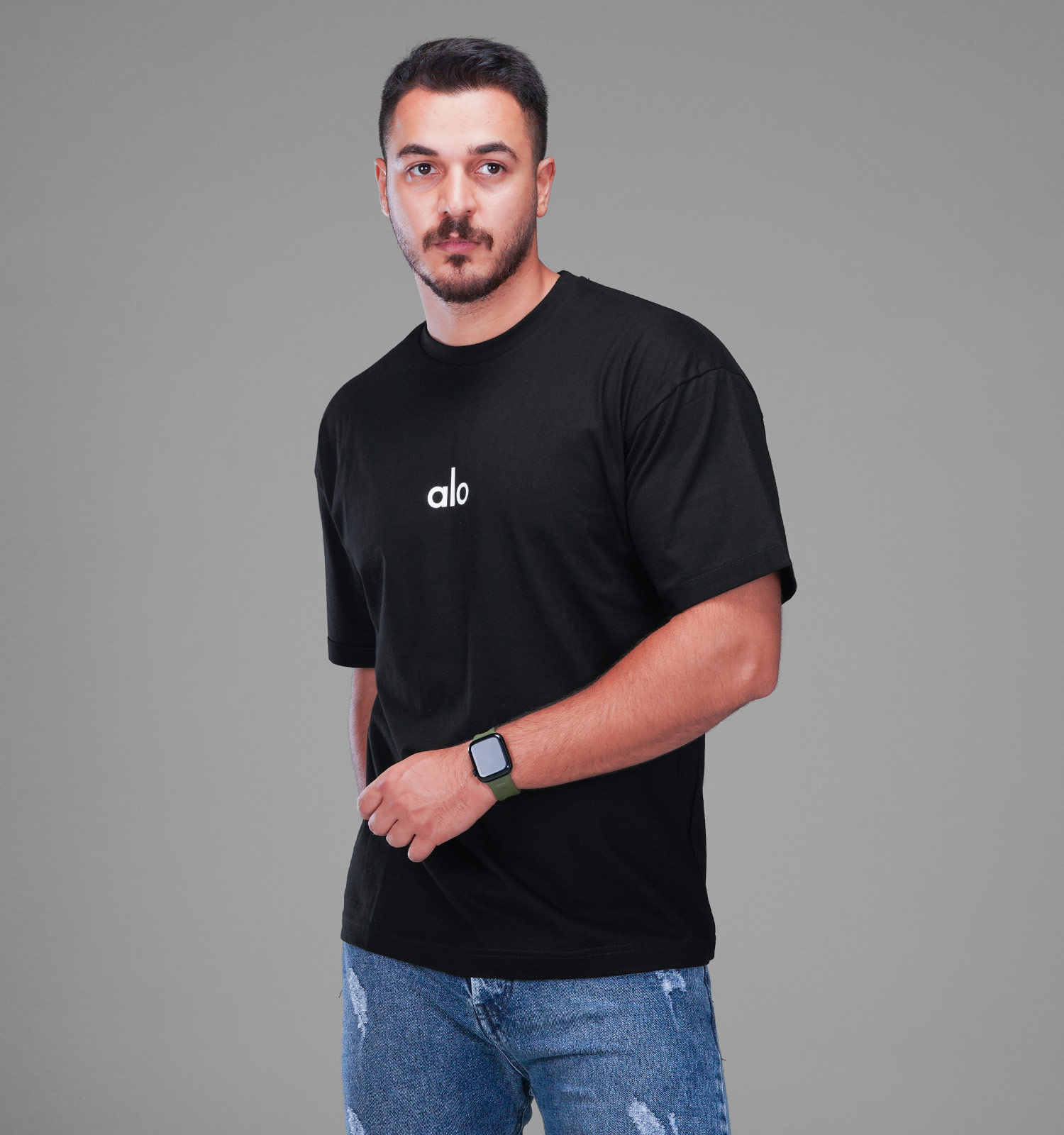 تیشرت یقه گرد مردانه مشکی نخ پنبه طرحدار مدل 48174