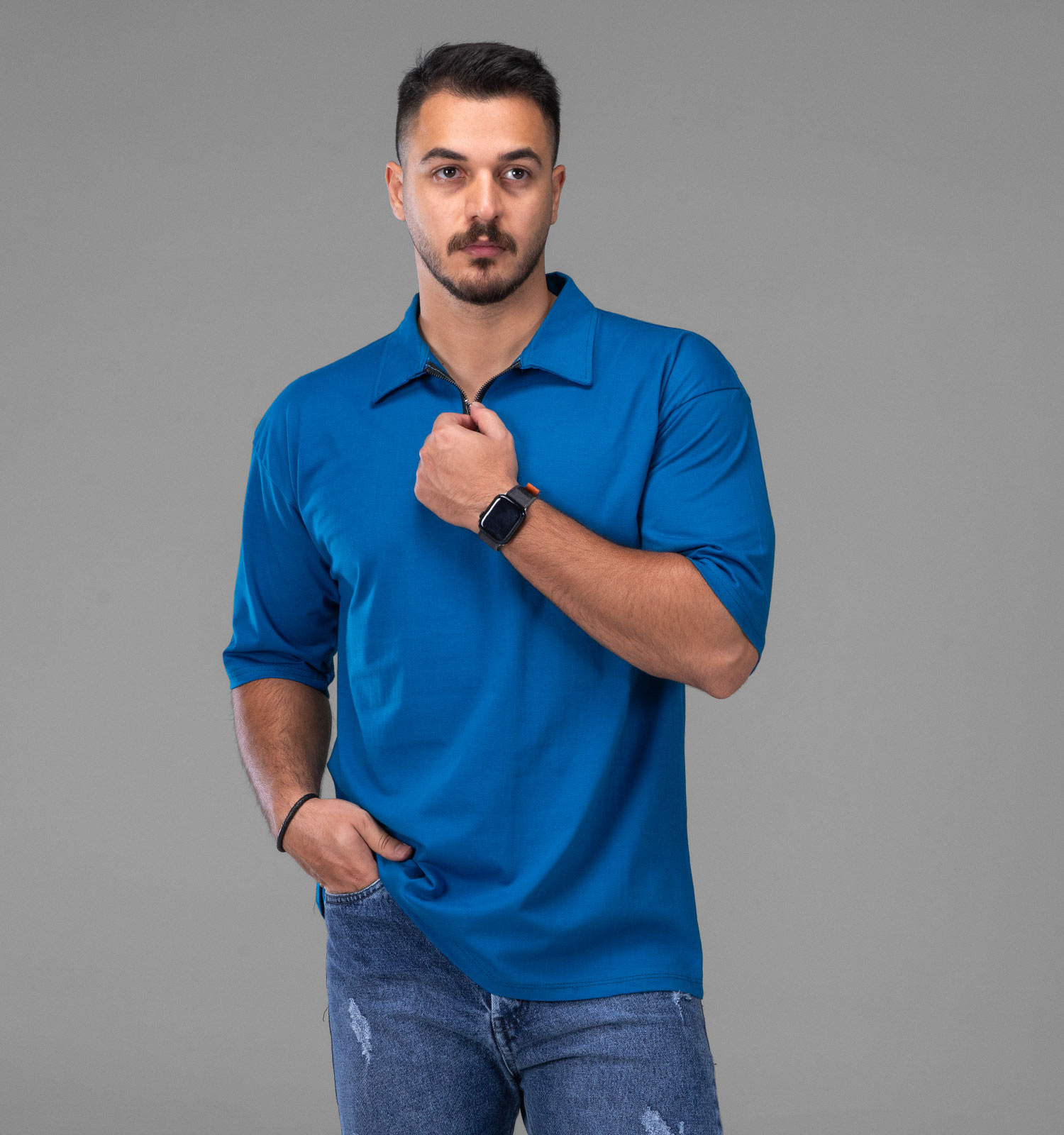 تیشرت یقه دار نیم زیپ مردانه نخ پنبه ساده مدل 48167