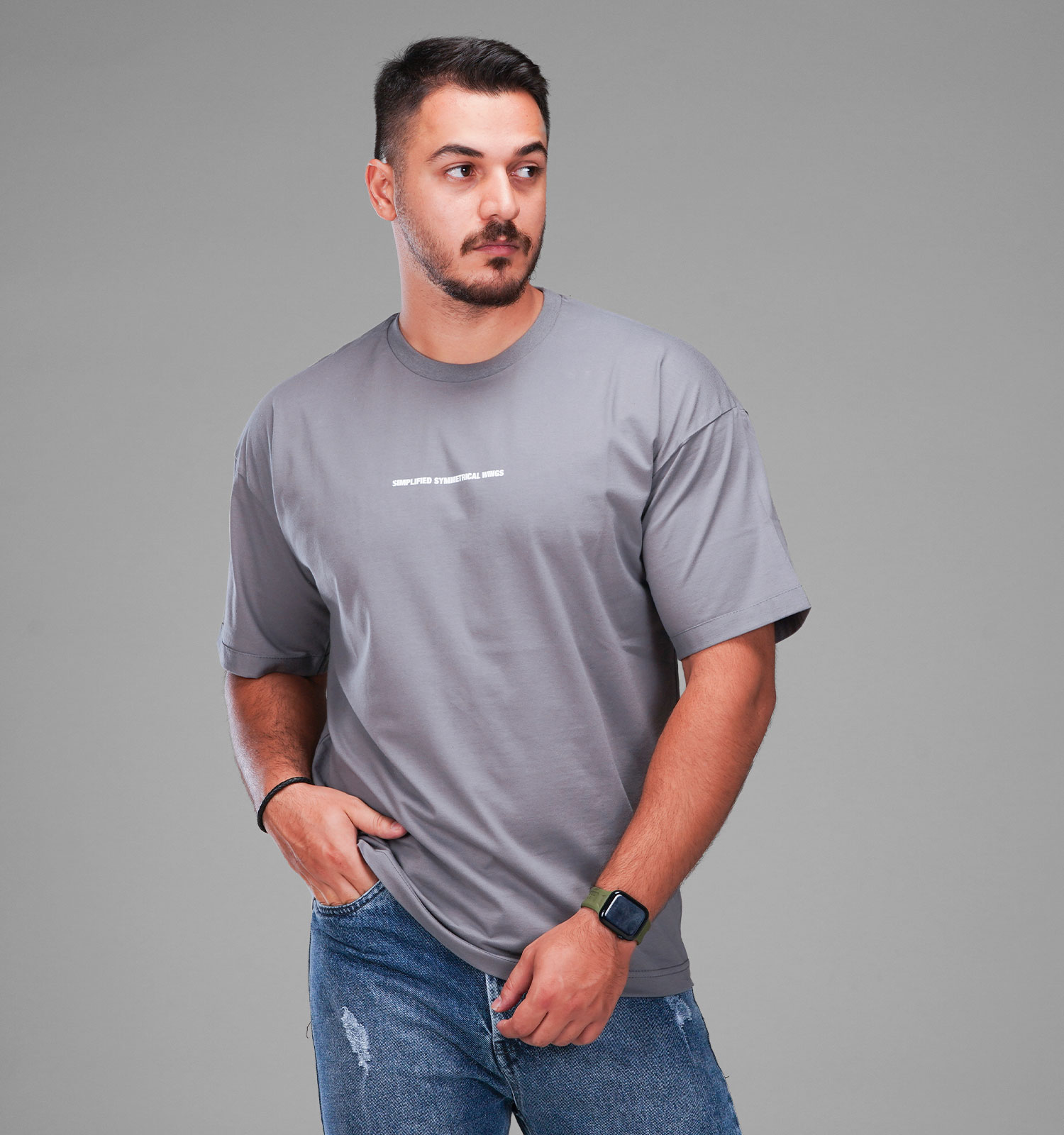 تیشرت یقه گرد مردانه طوسی نخ پنبه طرحدار مدل 48178