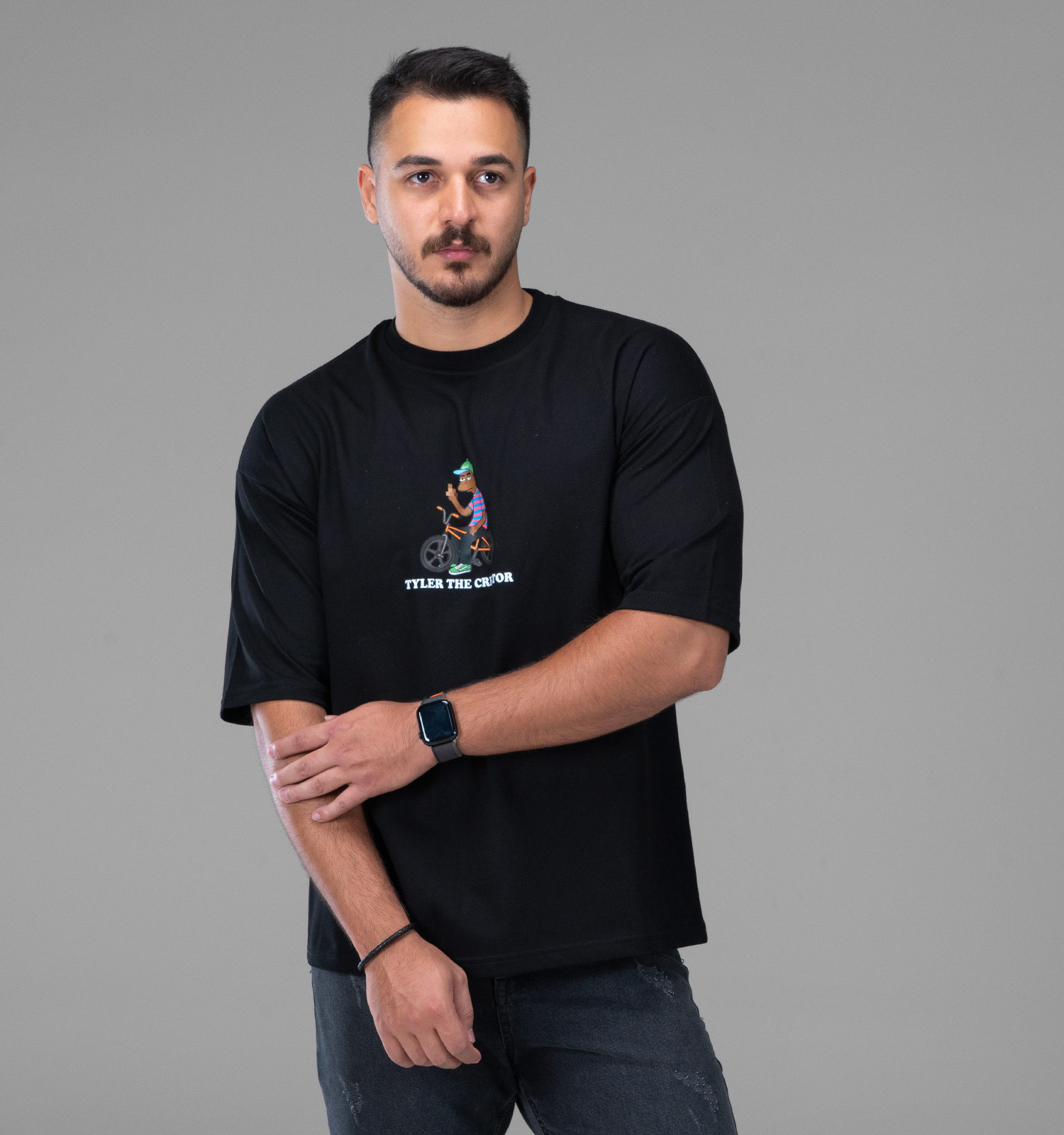 تیشرت یقه گرد مردانه مشکی نخ پنبه طرحدار مدل 48158