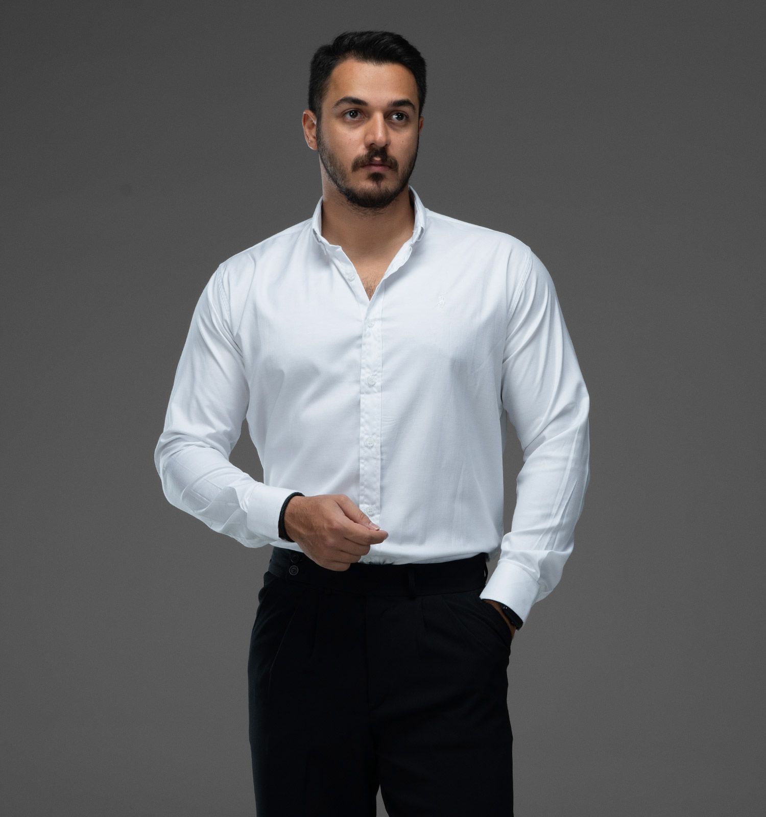 پیراهن پارچه شانلی مردانه آستین بلند ساده سفید مدل 48242