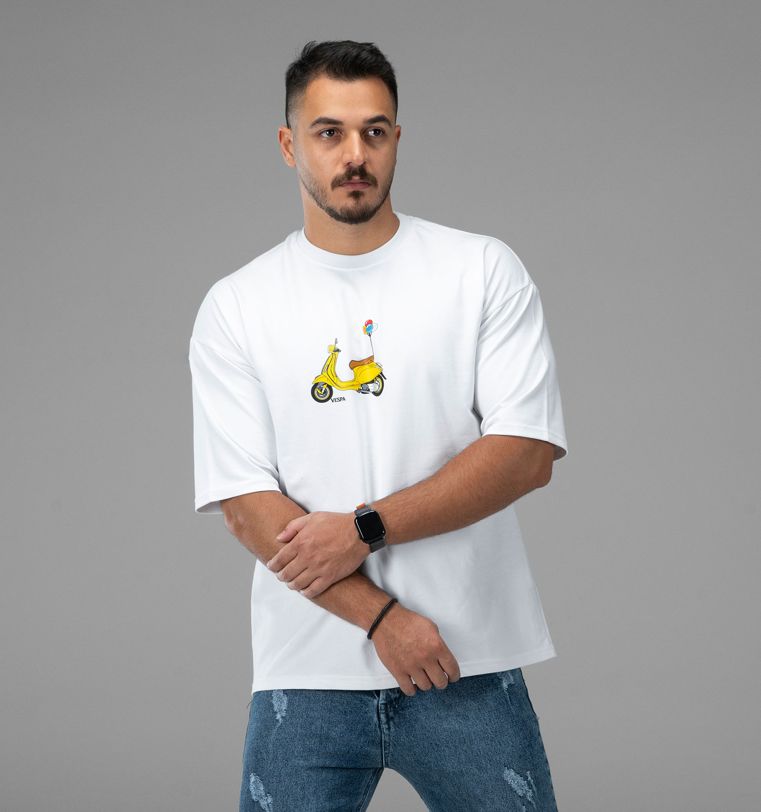 تیشرت یقه گرد مردانه سفید نخ پنبه طرحدار مدل 48161