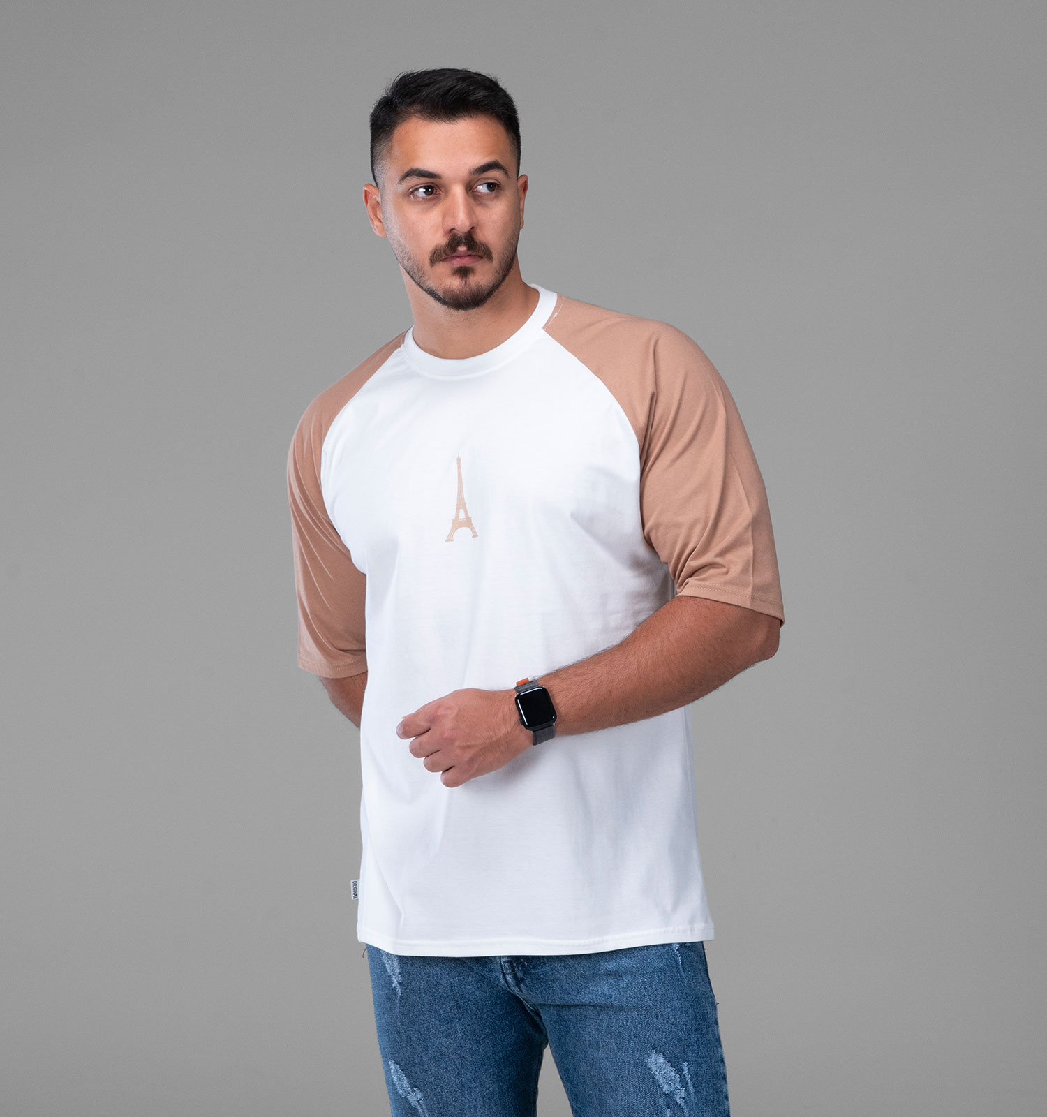 تیشرت یقه گرد مردانه باکسی سفید نخ پنبه طرحدار مدل 48148