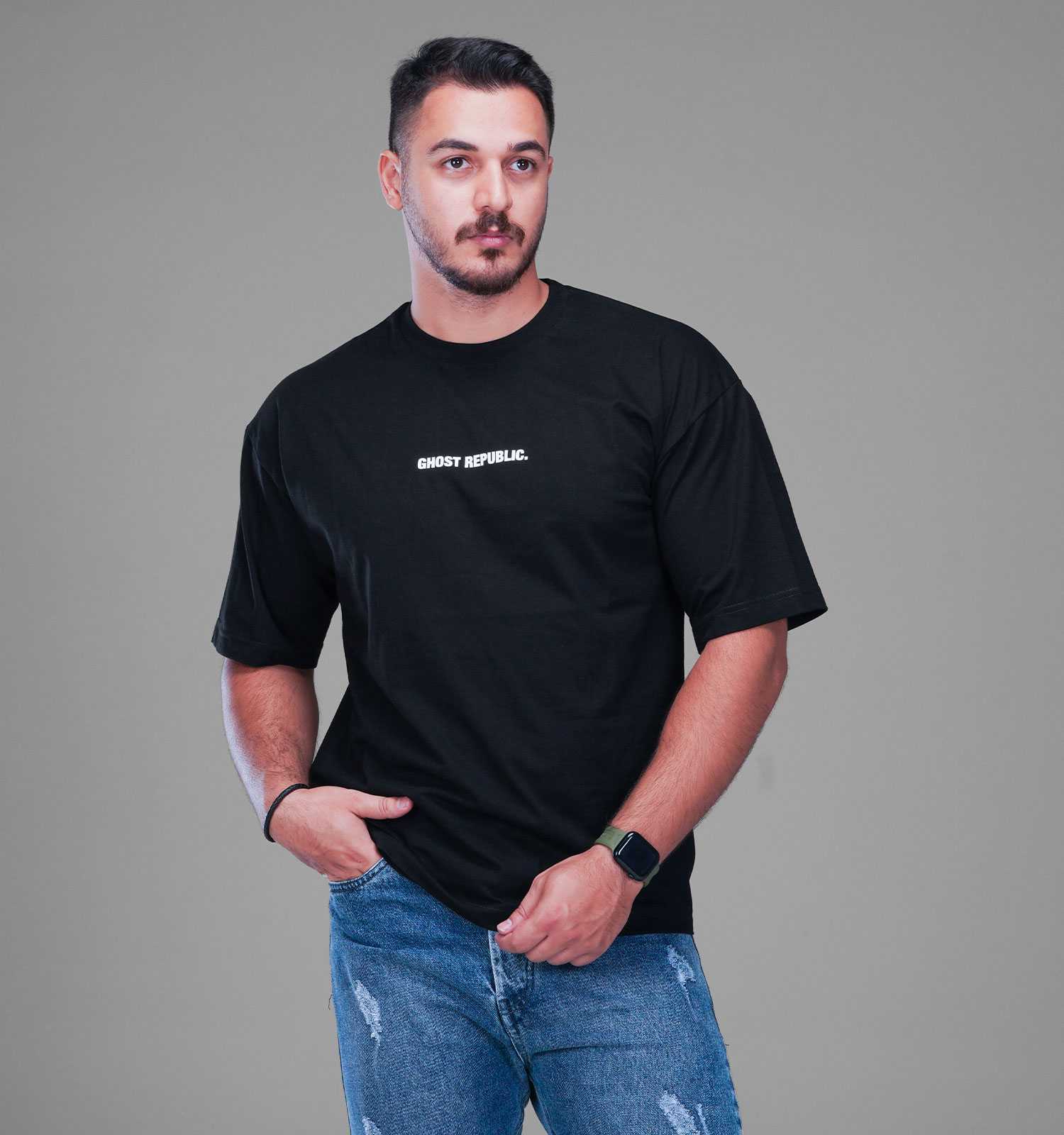 تیشرت یقه گرد مردانه مشکی نخ پنبه طرحدار مدل 48191
