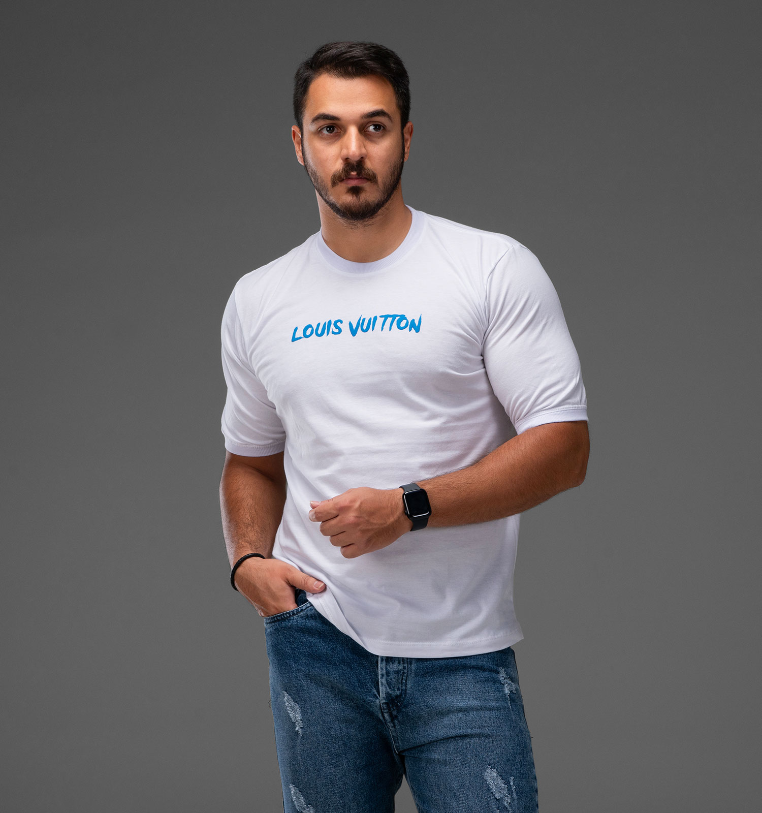 تیشرت یقه گرد مردانه سفید نخ پنبه طرحدار مدل 48239